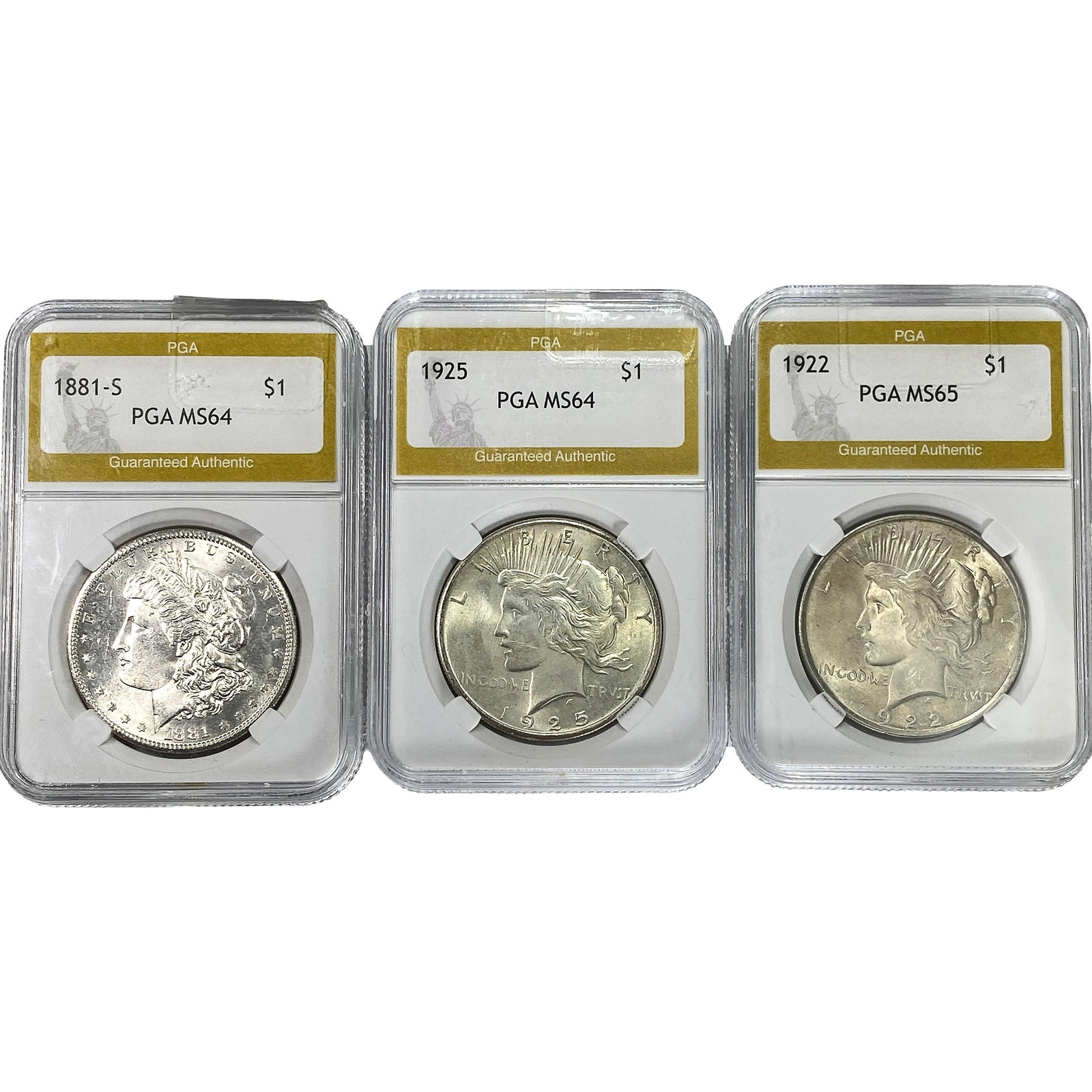 [3 Coins] 1881-1925 Silver Morgan & Peace $1 PGA MS64-65 (1 of 2)