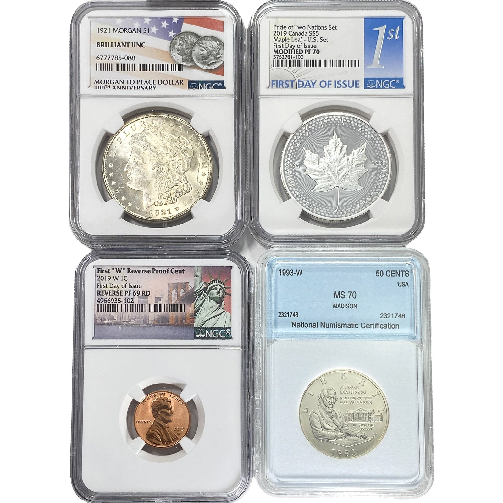 [4 Coins] 1921-2019 Mixed U.S. Coins & Silver Canada $5 PF/MS70 (1 of 2)