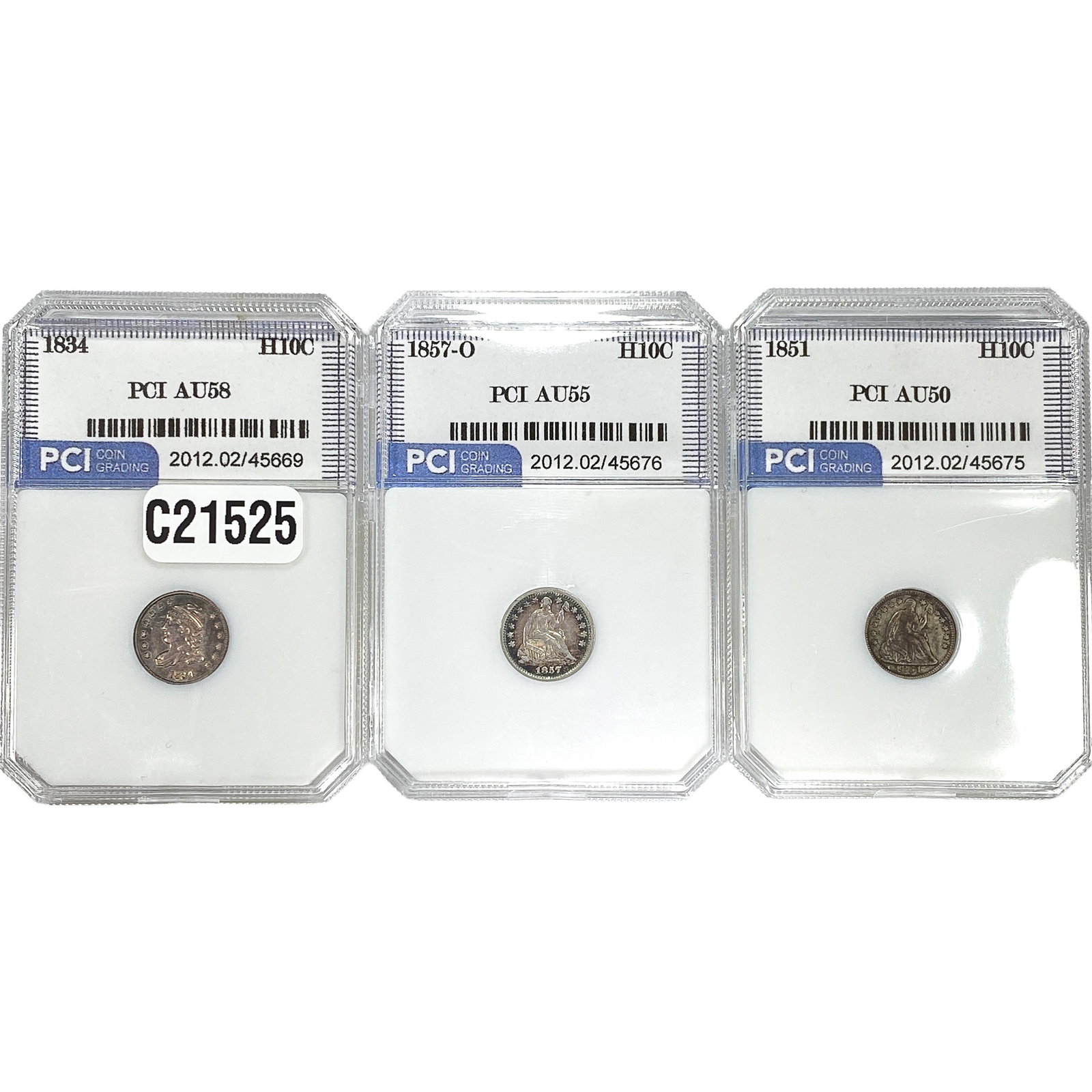 [3 Coins] 1834-1857 Seat. Lib & Cap. Bust Half Dime PCI AU50-58: [3 Coins] 1834-1857 Seat. Lib & Cap. Bust Half Dime PCI AU50-58