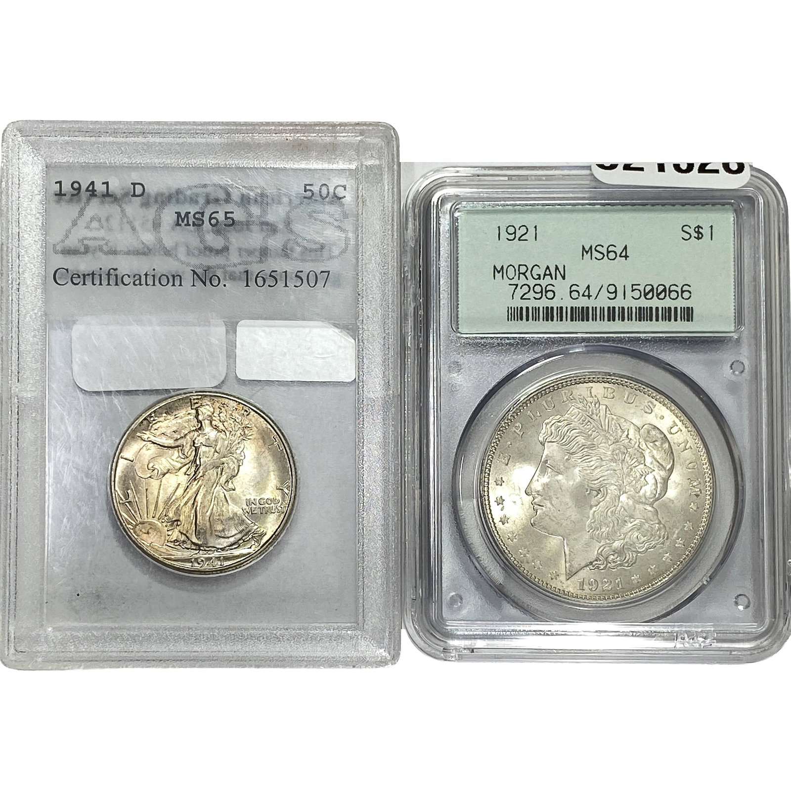 [2 Coins] 1921-1941 Walk. Lib. 50C & Morgan $1 MS64-65 (1 of 2)