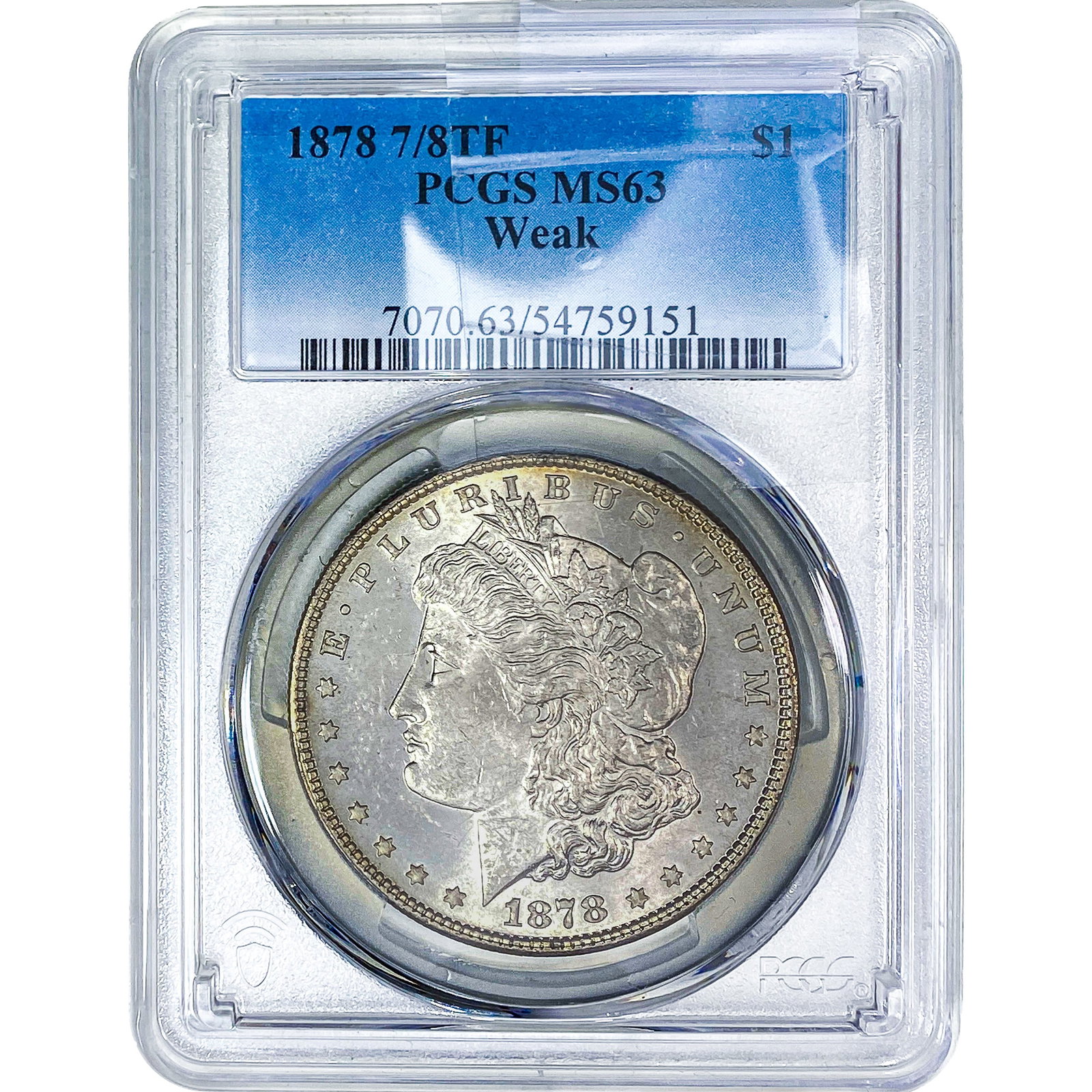 1878 7/8TF Morgan Silver Dollar PCGS MS63 Weak: 1878 7/8TF Morgan Silver Dollar PCGS MS63 Weak
