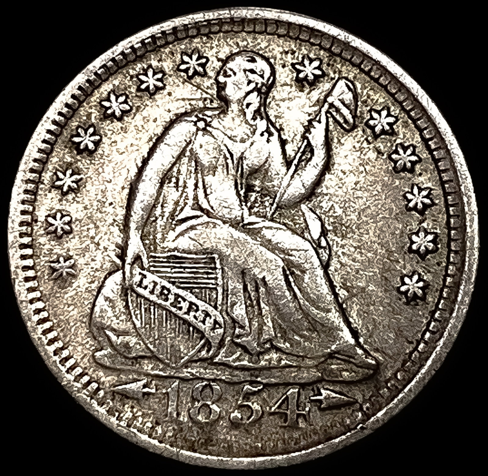 1854 Arrows Seated Liberty Half Dime CLOSELY UNCIRCULATED: 1854 Arrows Seated Liberty Half Dime CLOSELY UNCIRCULATED