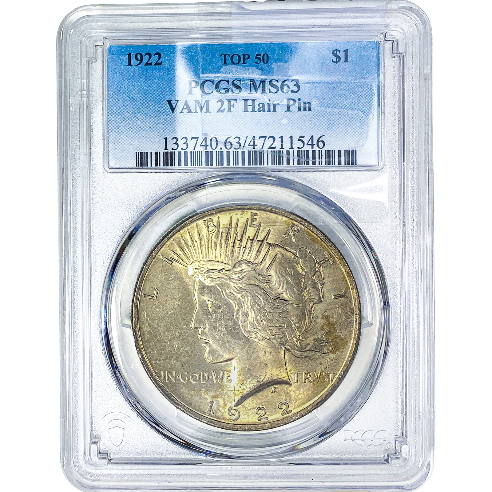 1922 Silver Peace Dollar PCGS MS63 VAM 2F Hair Pin: 1922 Silver Peace Dollar PCGS MS63 VAM 2F Hair Pin