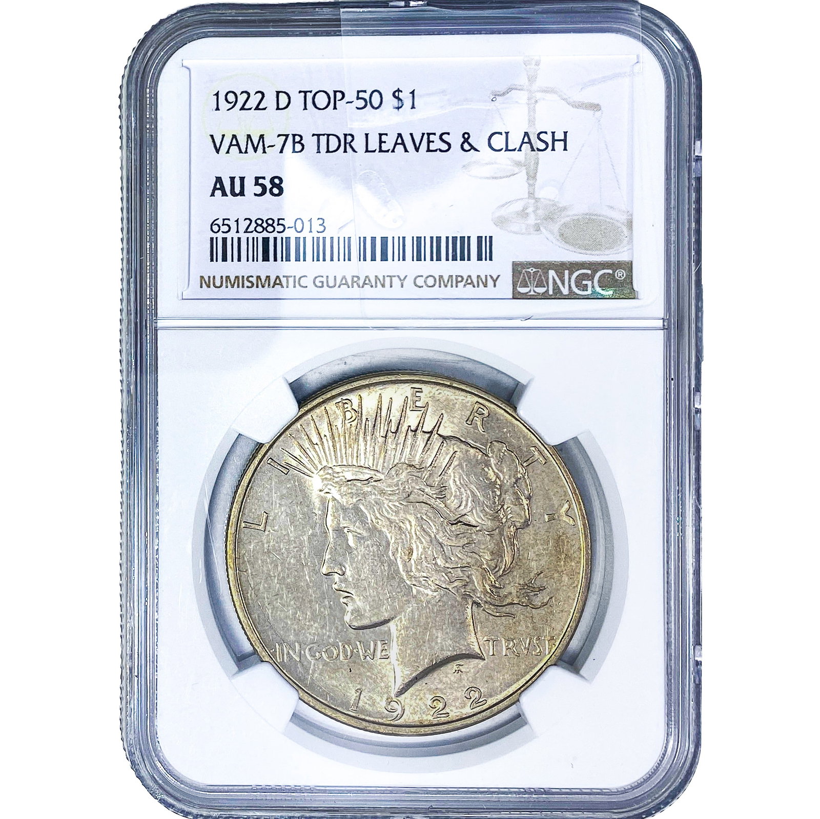 1922-D Silver Peace Dollar NGC AU58 VAM-7B TDR: 1922-D Silver Peace Dollar NGC AU58 VAM-7B TDR