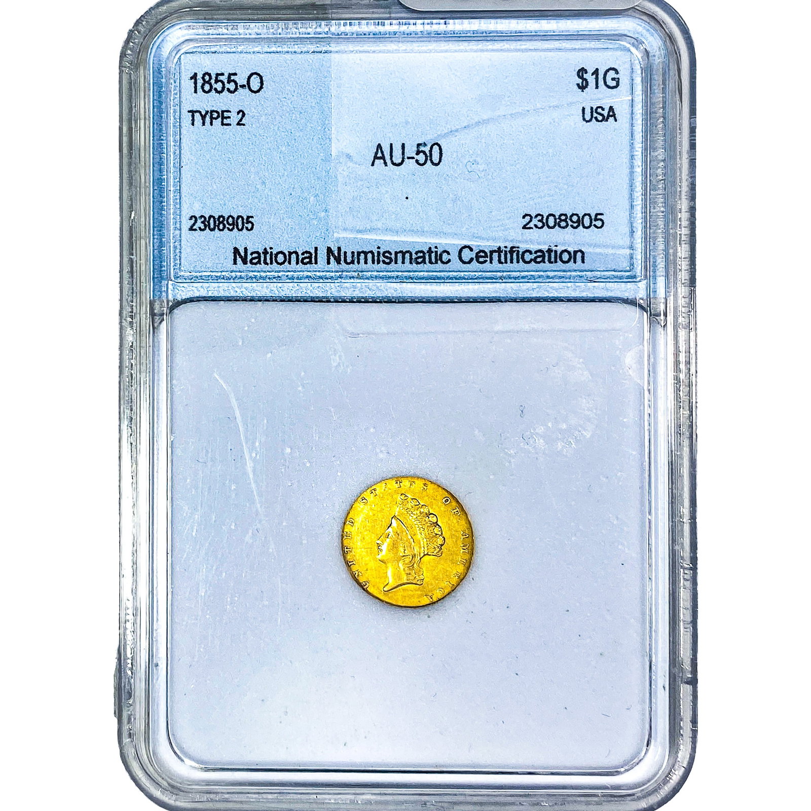 1855-O Type 2 Dollar NNC AU50 (1 of 2)