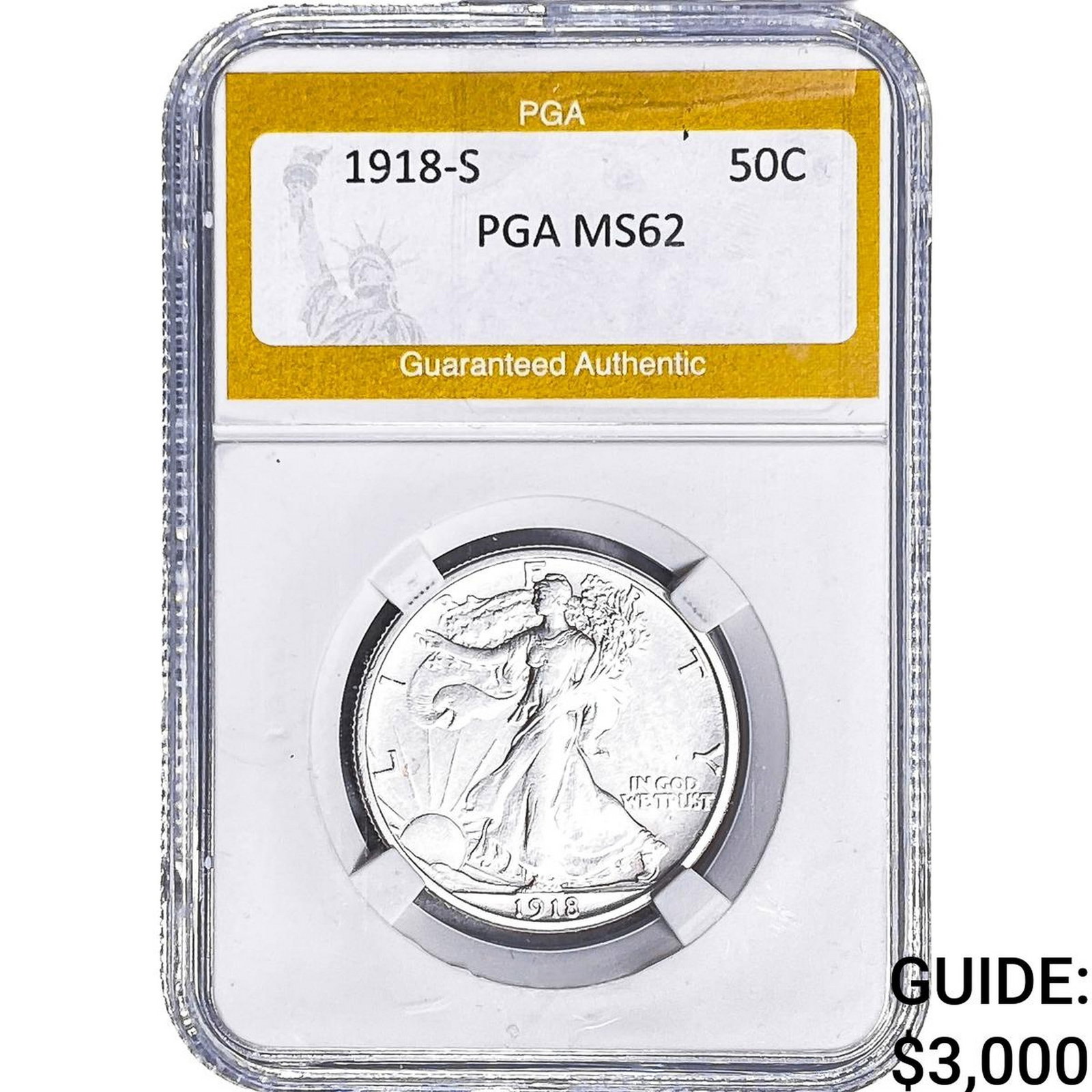 1918-S Walking Liberty Half Dollar PGA MS62: 1918-S Walking Liberty Half Dollar PGA MS62