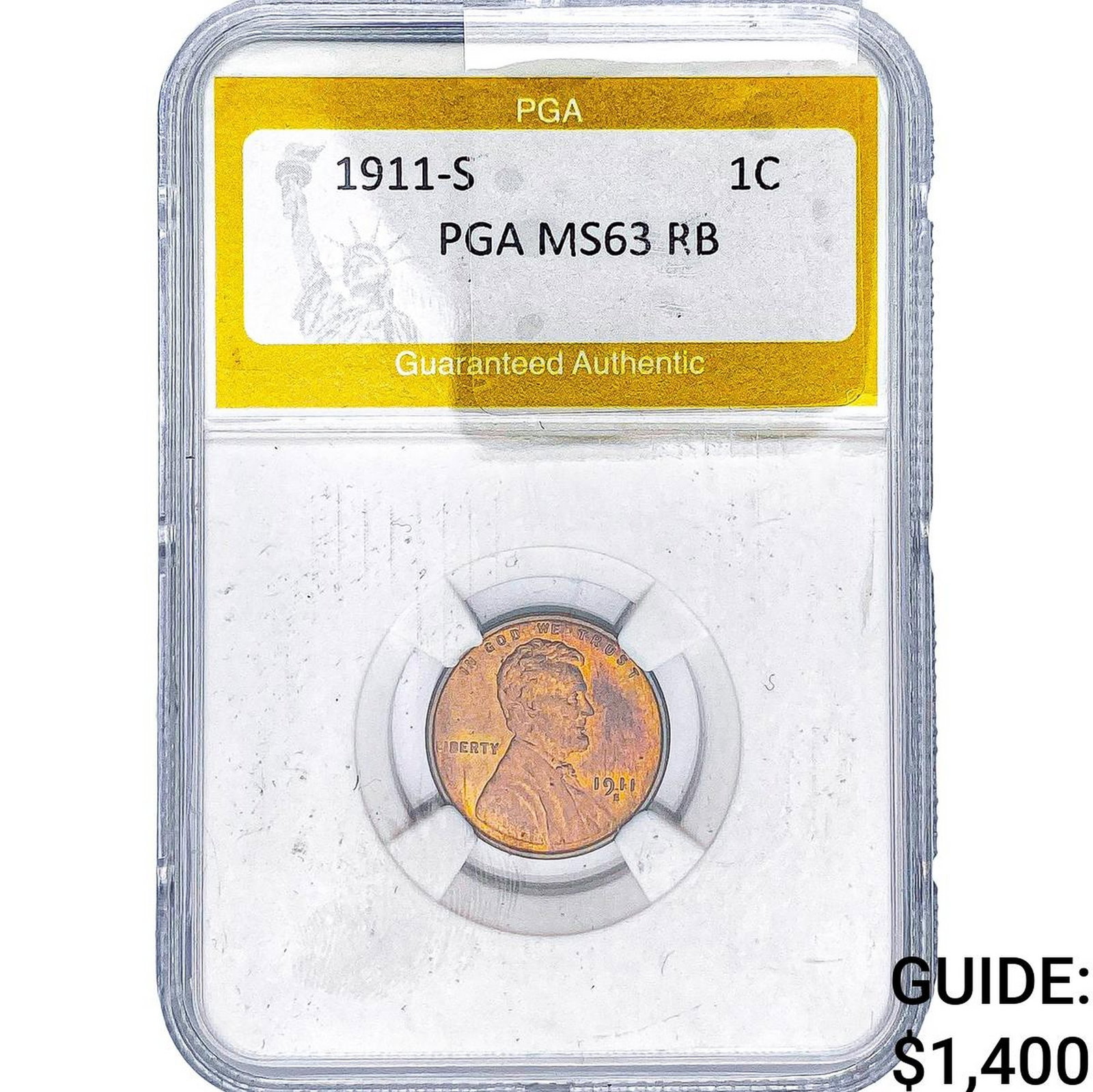 1911-S Wheat Cent PGA MS63 RB: 1911-S Wheat Cent PGA MS63 RB