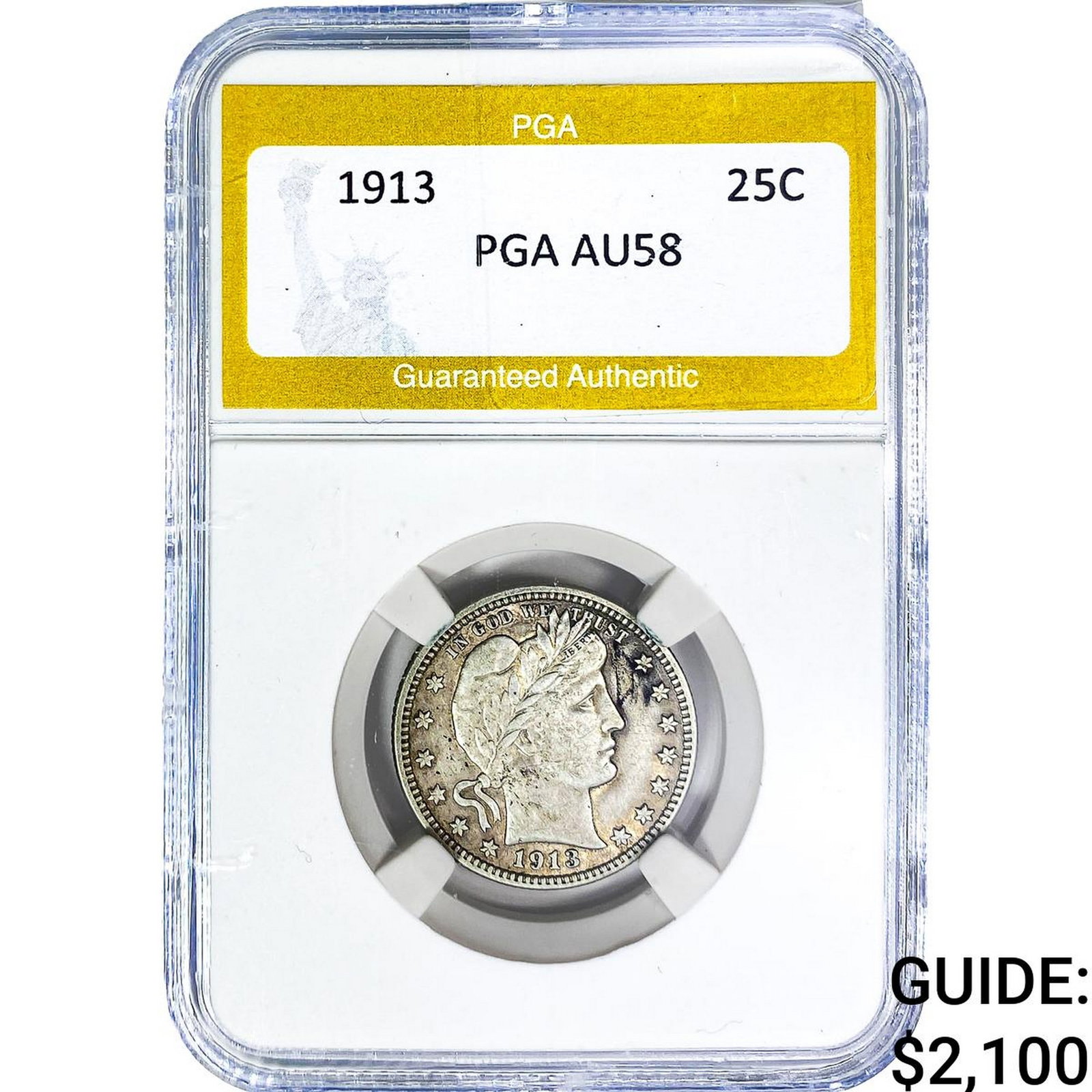 1913 Barber Quarter PGA AU58: 1913 Barber Quarter PGA AU58
