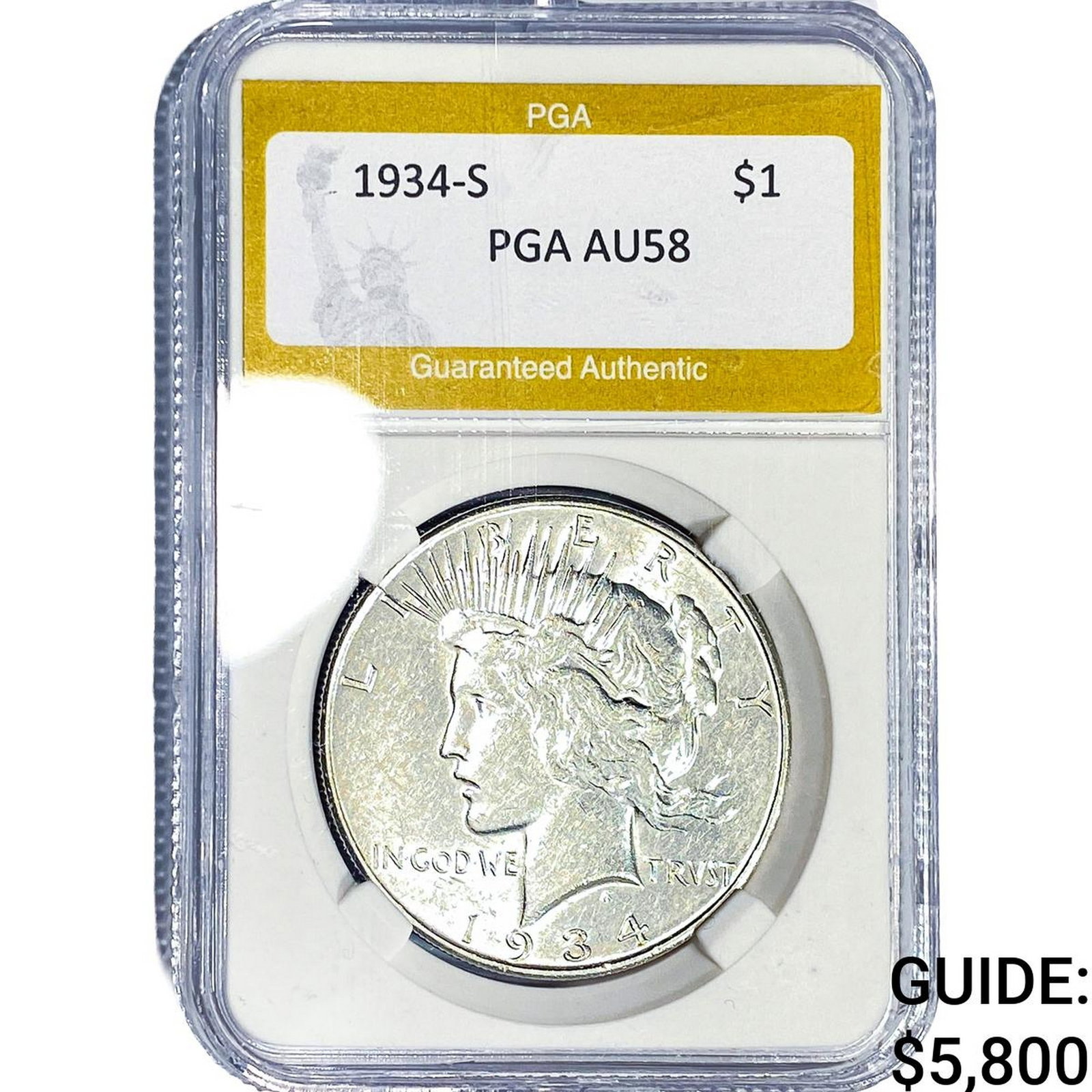 1934-S Silver Peace Dollar PGA AU58: 1934-S Silver Peace Dollar PGA AU58