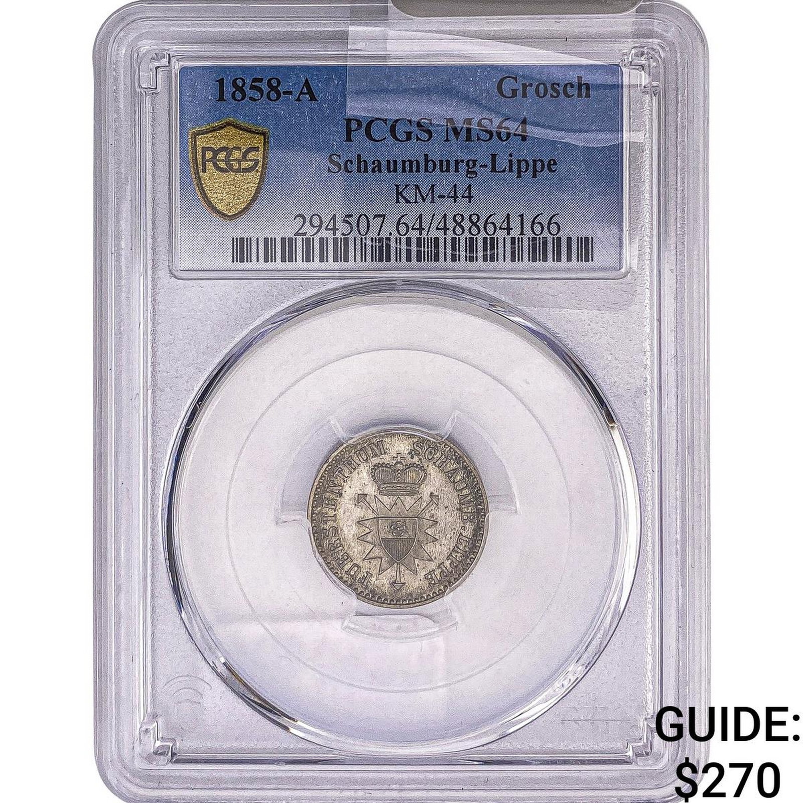 1858-A Schaumburg-Lippe Silver 1 Groschen PCGS MS64: 1858-A Schaumburg-Lippe Silver 1 Groschen PCGS MS64
