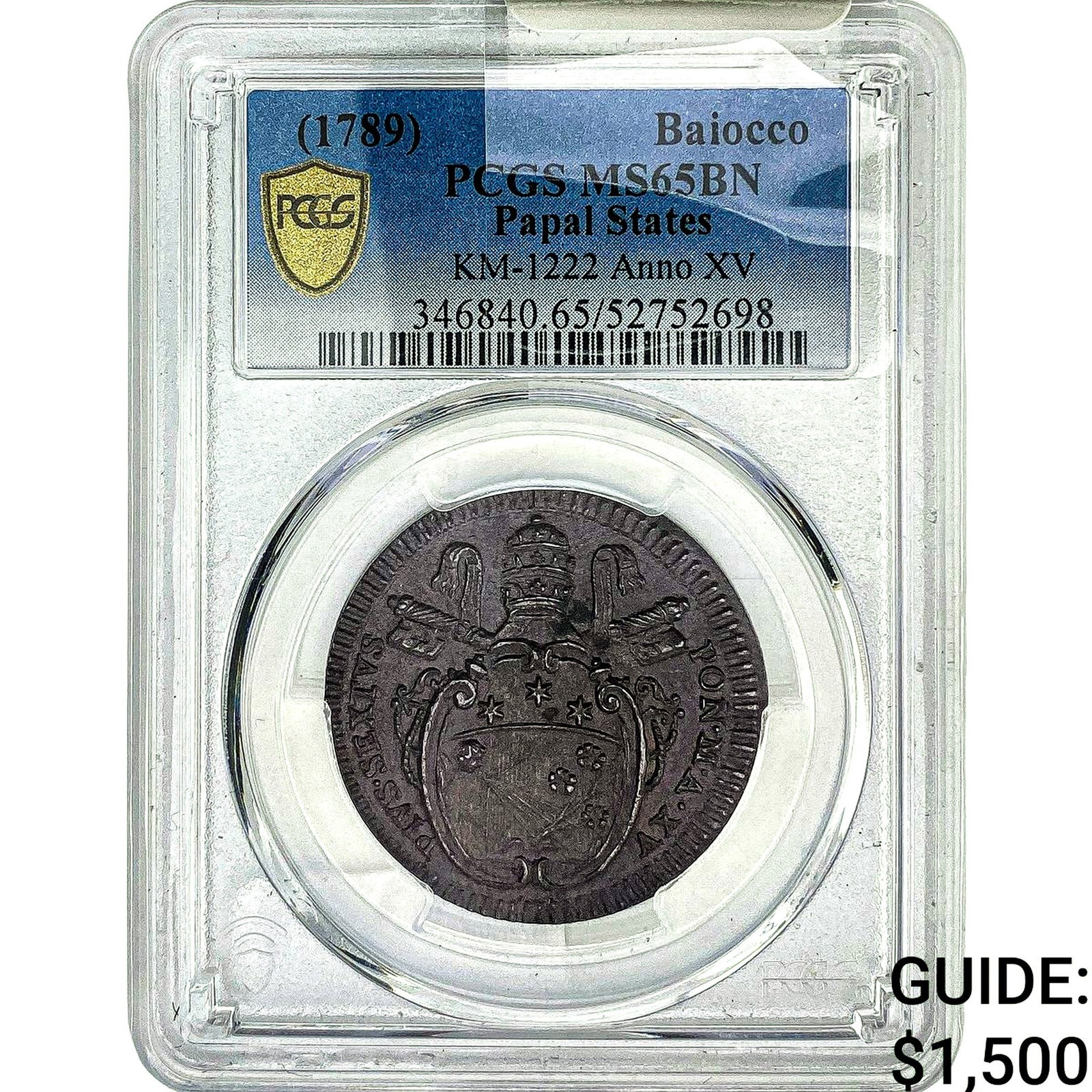 1789 Papal States Copper Baiocco PCGS MS65 BN (1 of 2)