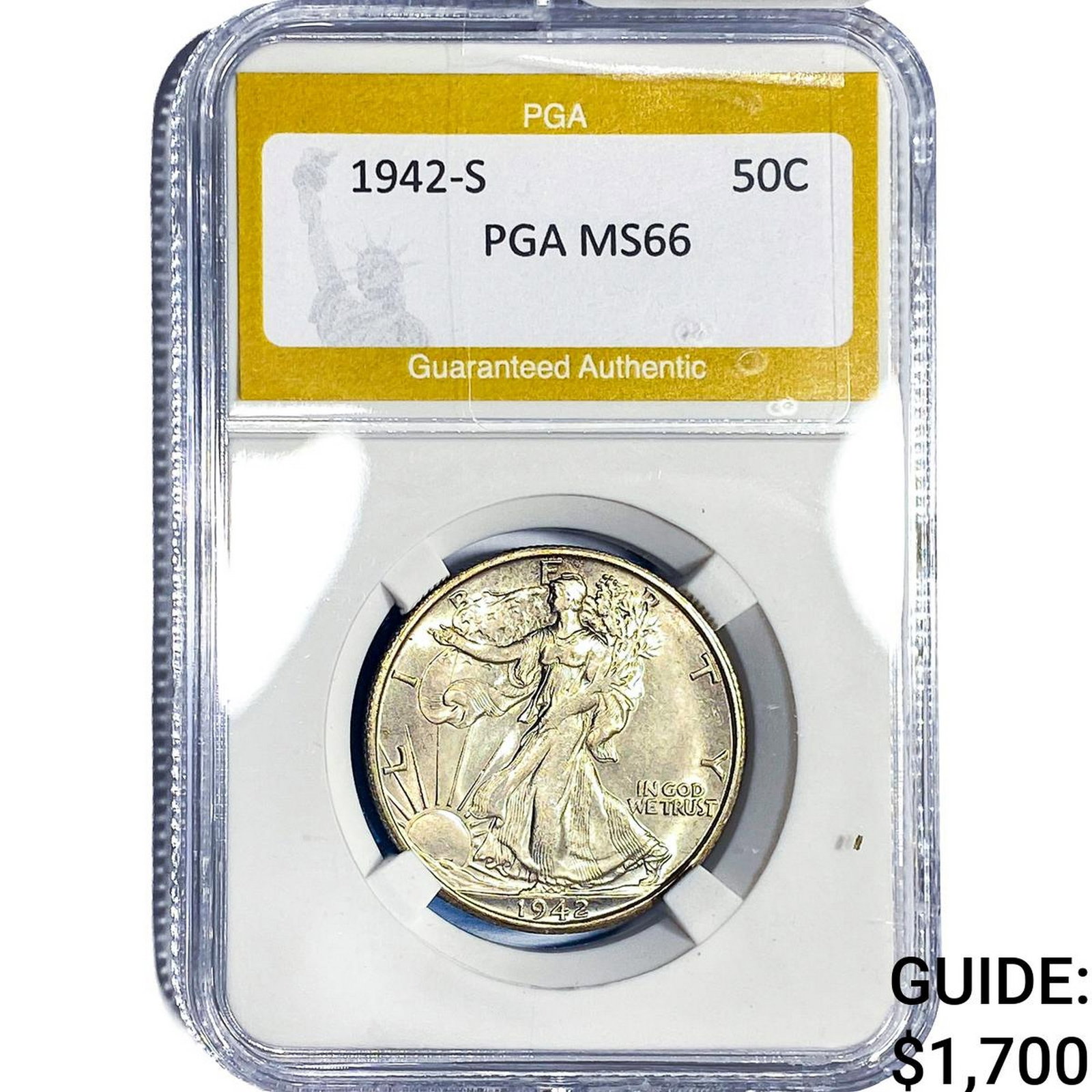 1942-S Walking Liberty Half Dollar PGA MS66: 1942-S Walking Liberty Half Dollar PGA MS66