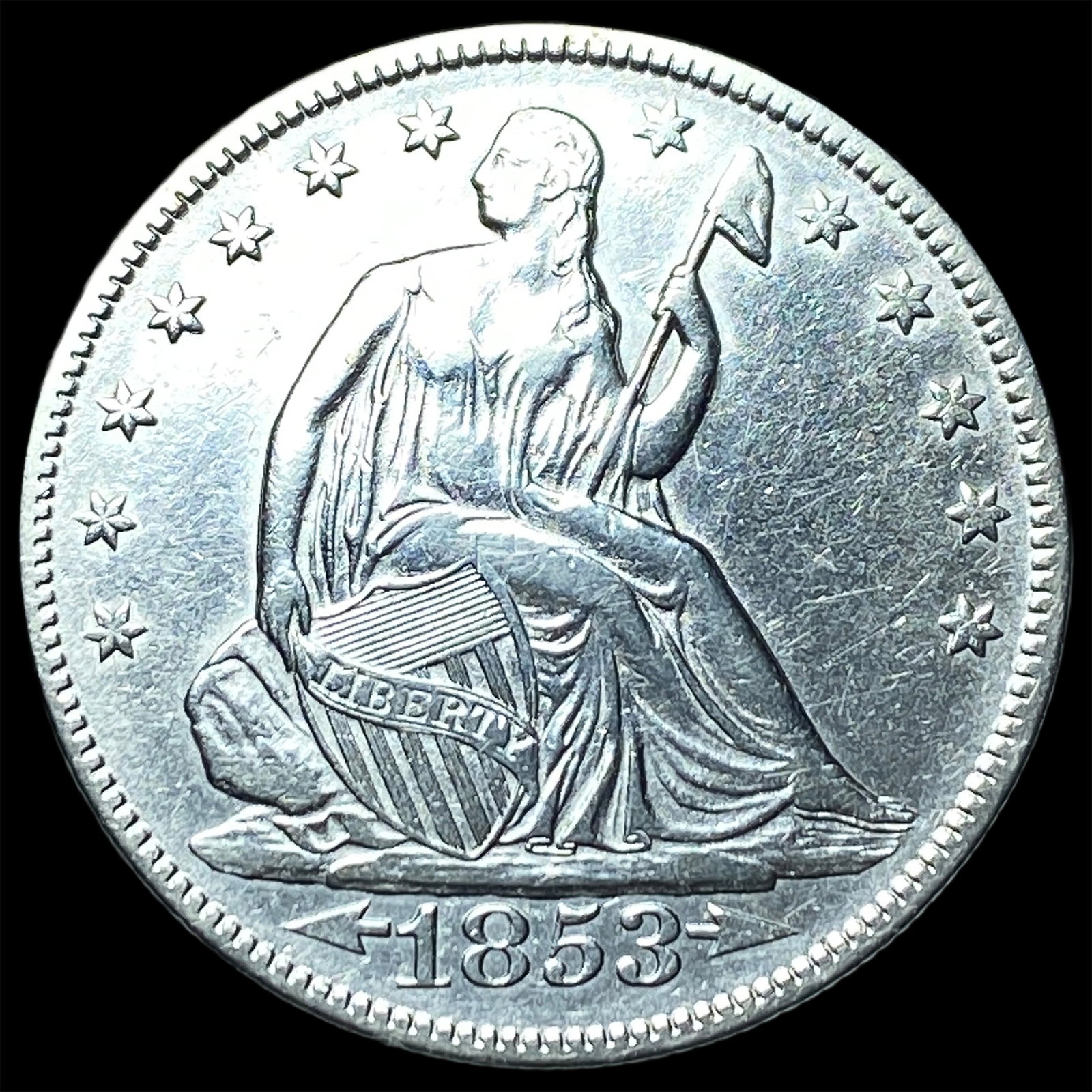 1853 Arrows/Rays Seated Liberty Half Dollar NEARLY UNCIRCULATED: 1853 Arrows/Rays Seated Liberty Half Dollar NEARLY UNCIRCULATED