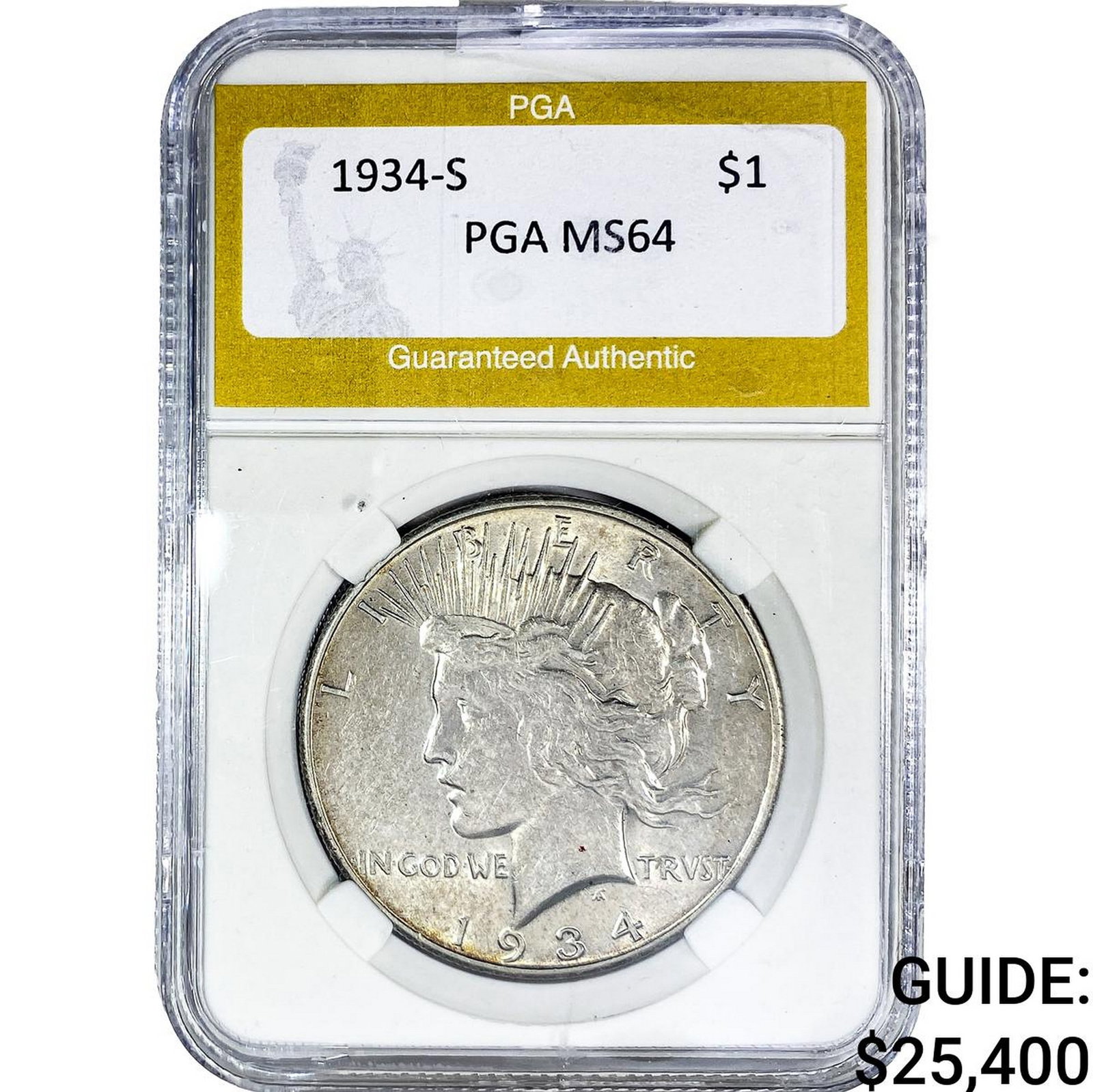 1934-S Silver Peace Dollar PGA MS64: 1934-S Silver Peace Dollar PGA MS64