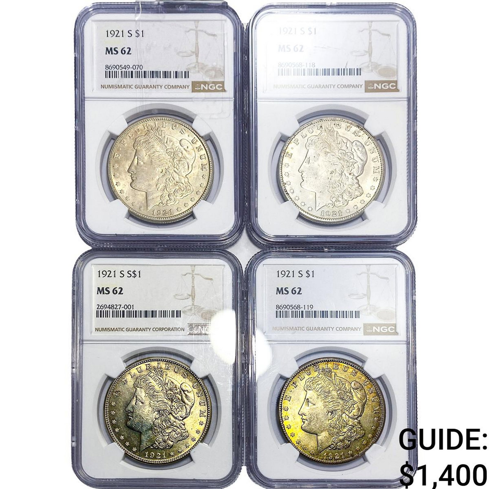 [4 Coins] 1921-S Morgan Silver Dollar NGC MS62: [4 Coins] 1921-S Morgan Silver Dollar NGC MS62