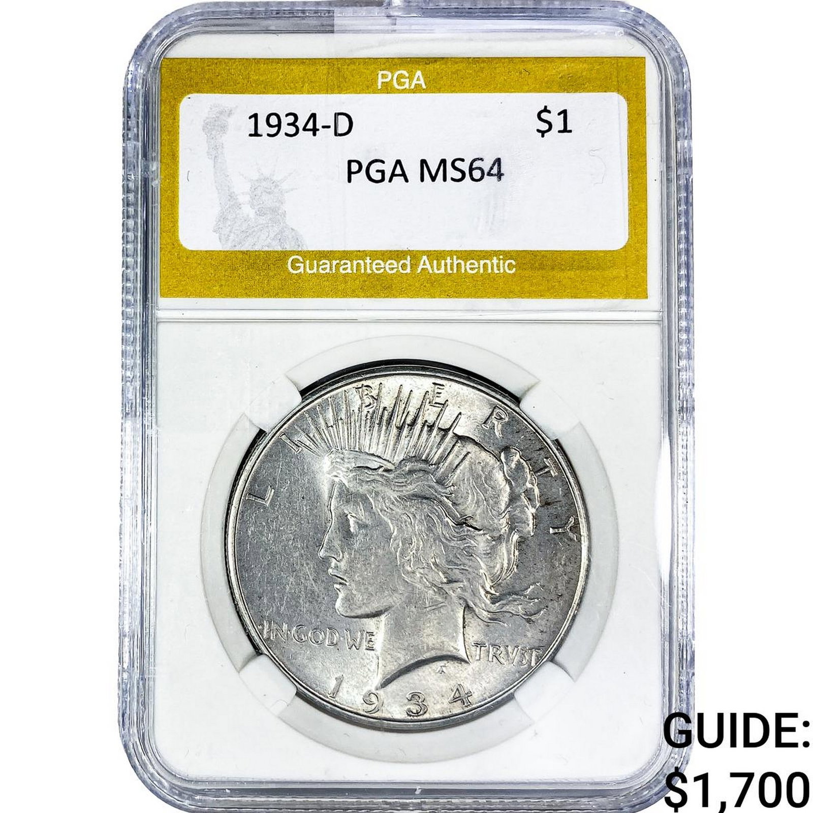 1934-D Silver Peace Dollar PGA MS64: 1934-D Silver Peace Dollar PGA MS64