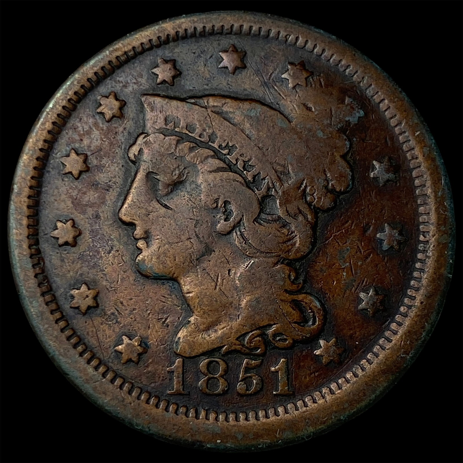 1851 Braided Hair Large Cent NICELY CIRCULATED: 1851 Braided Hair Large Cent NICELY CIRCULATED