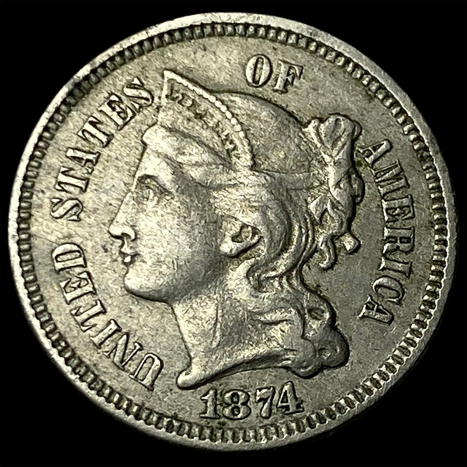 1874 Nickel Three-Cent Piece CLOSELY UNCIRCULATED: 1874 Nickel Three-Cent Piece CLOSELY UNCIRCULATED