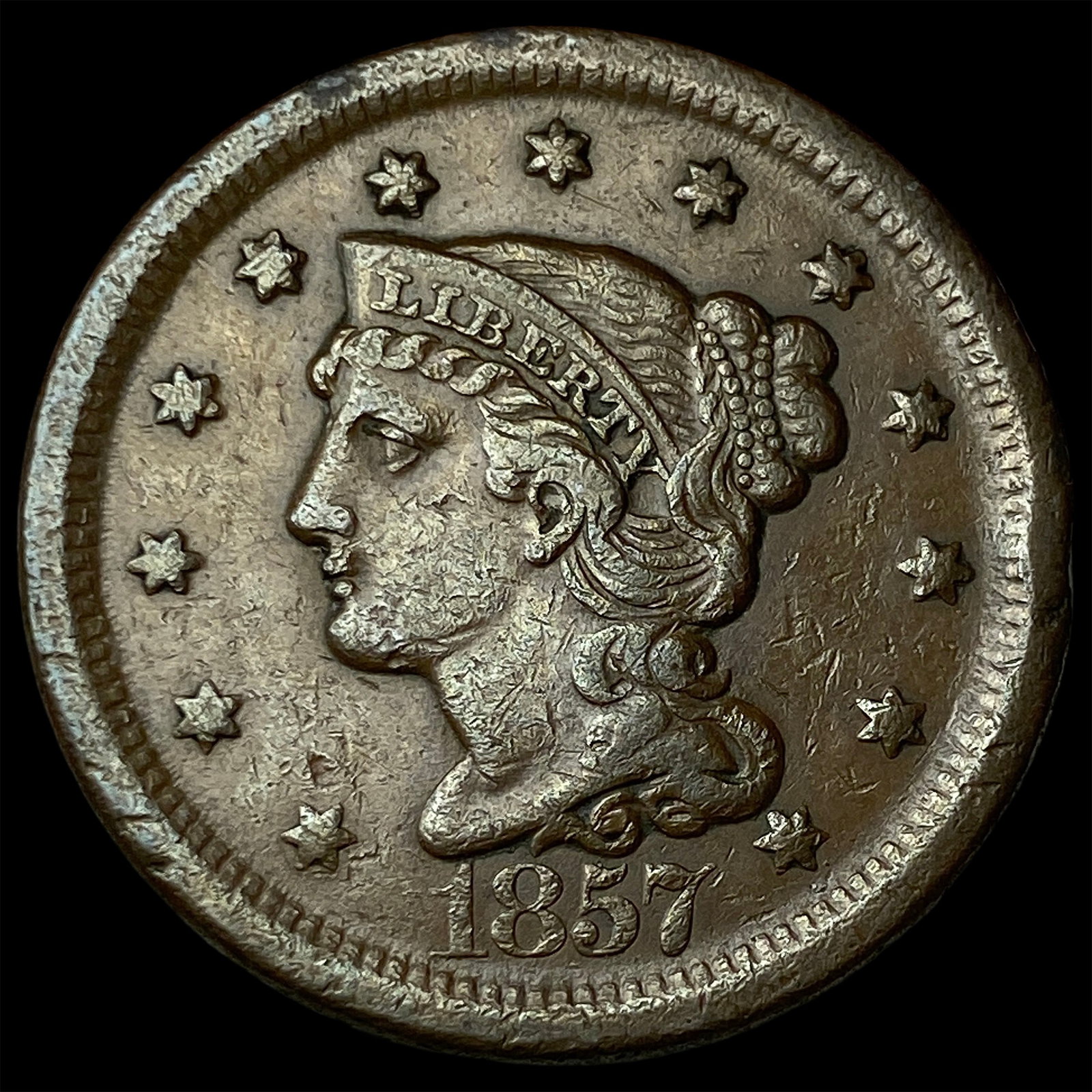 1857 Braided Hair Large Cent NEARLY UNCIRCULATED: 1857 Braided Hair Large Cent NEARLY UNCIRCULATED