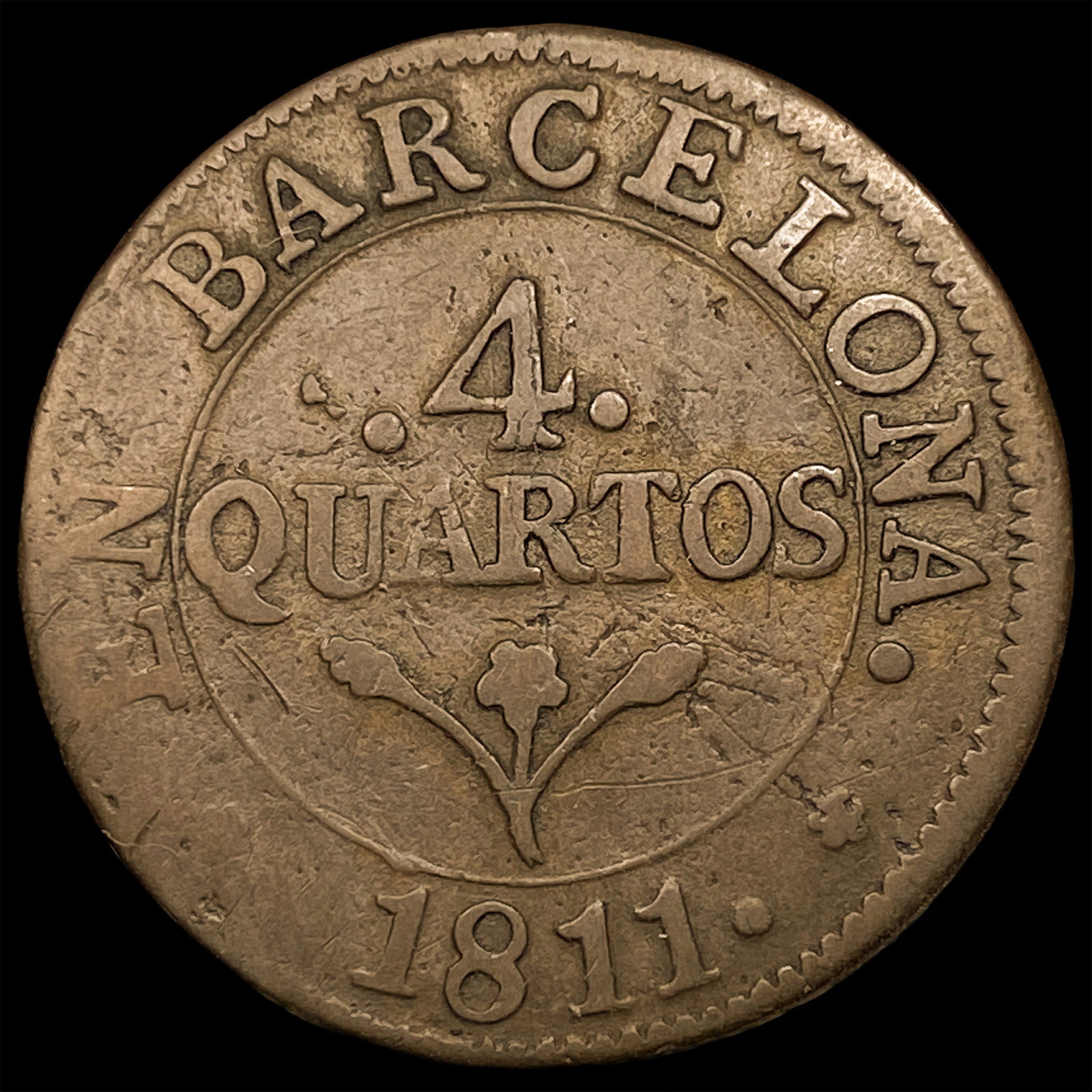 1811 Spain Barcelona Copper 4 Quartos KM 67 (1 of 2)