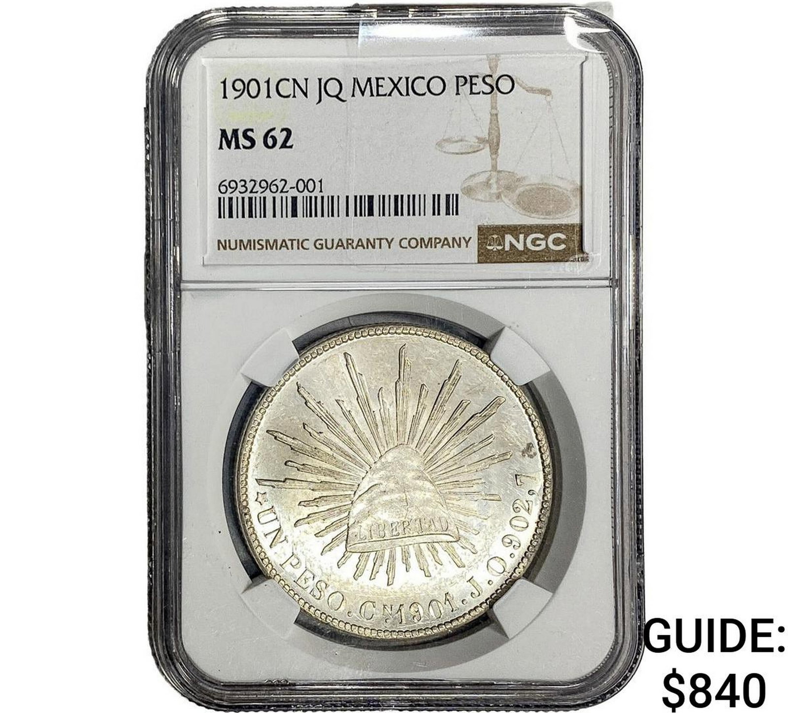 1901CN JQ Mexico Silver 1 Peso NGC MS62: 1901CN JQ Mexico Silver 1 Peso NGC MS62