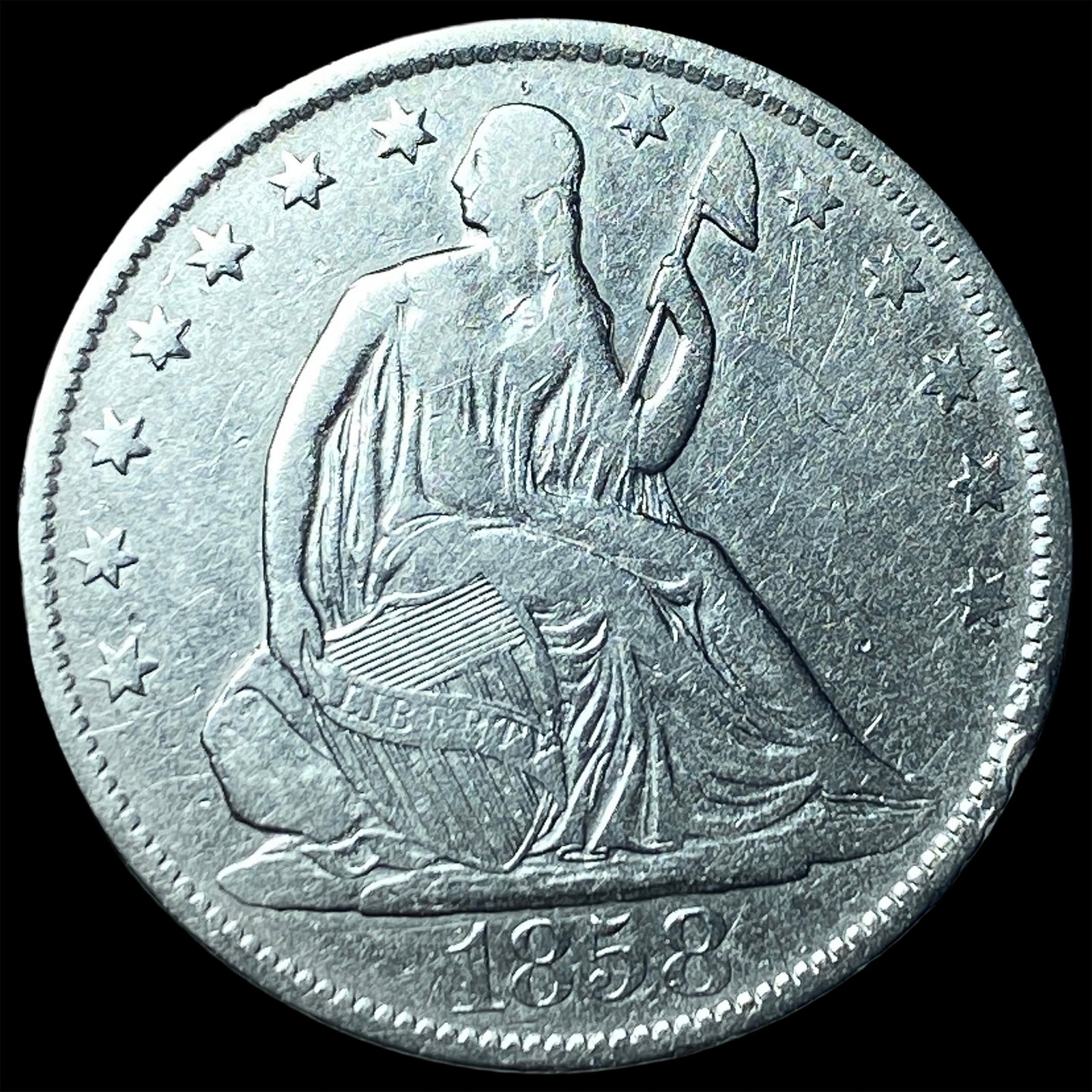 1858-O Silver Seated Liberty Half Dollar CLOSELY UNCIRCULATED: 1858-O Silver Seated Liberty Half Dollar CLOSELY UNCIRCULATED
