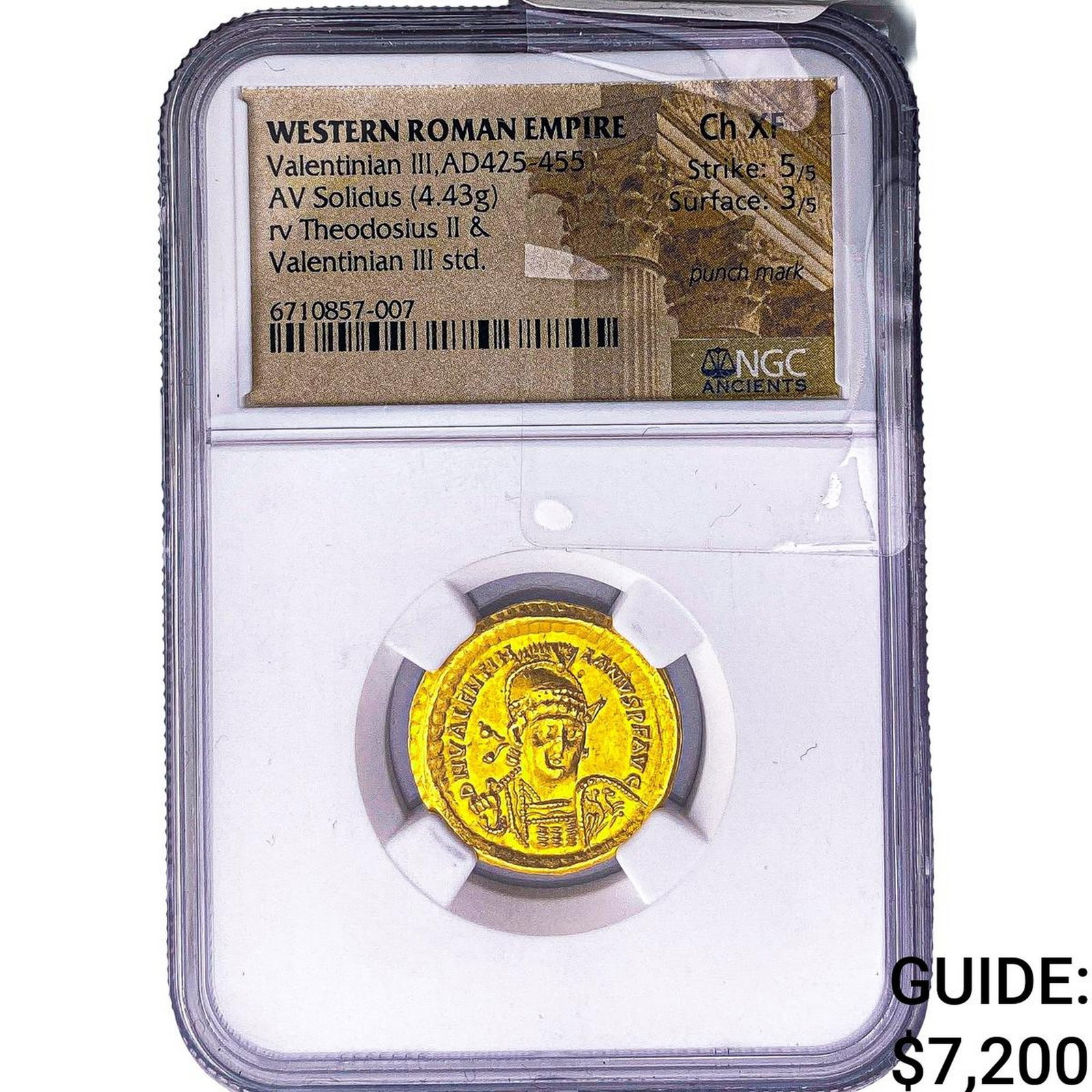 Western Roman Empire Valentinian III 425-455 AD Gold Solidus NGC XF Punch Mark (1 of 2)