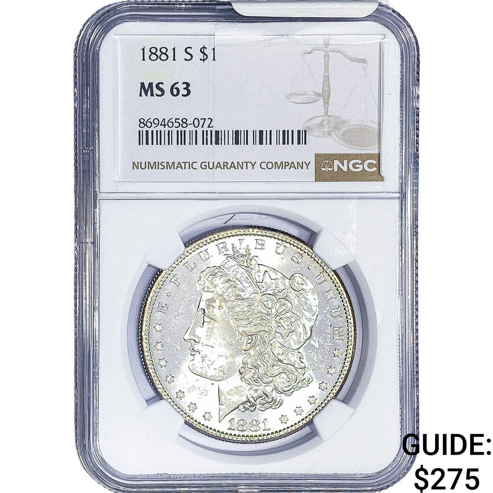 1881-S Morgan Silver Dollar NGC MS63: 1881-S Morgan Silver Dollar NGC MS63