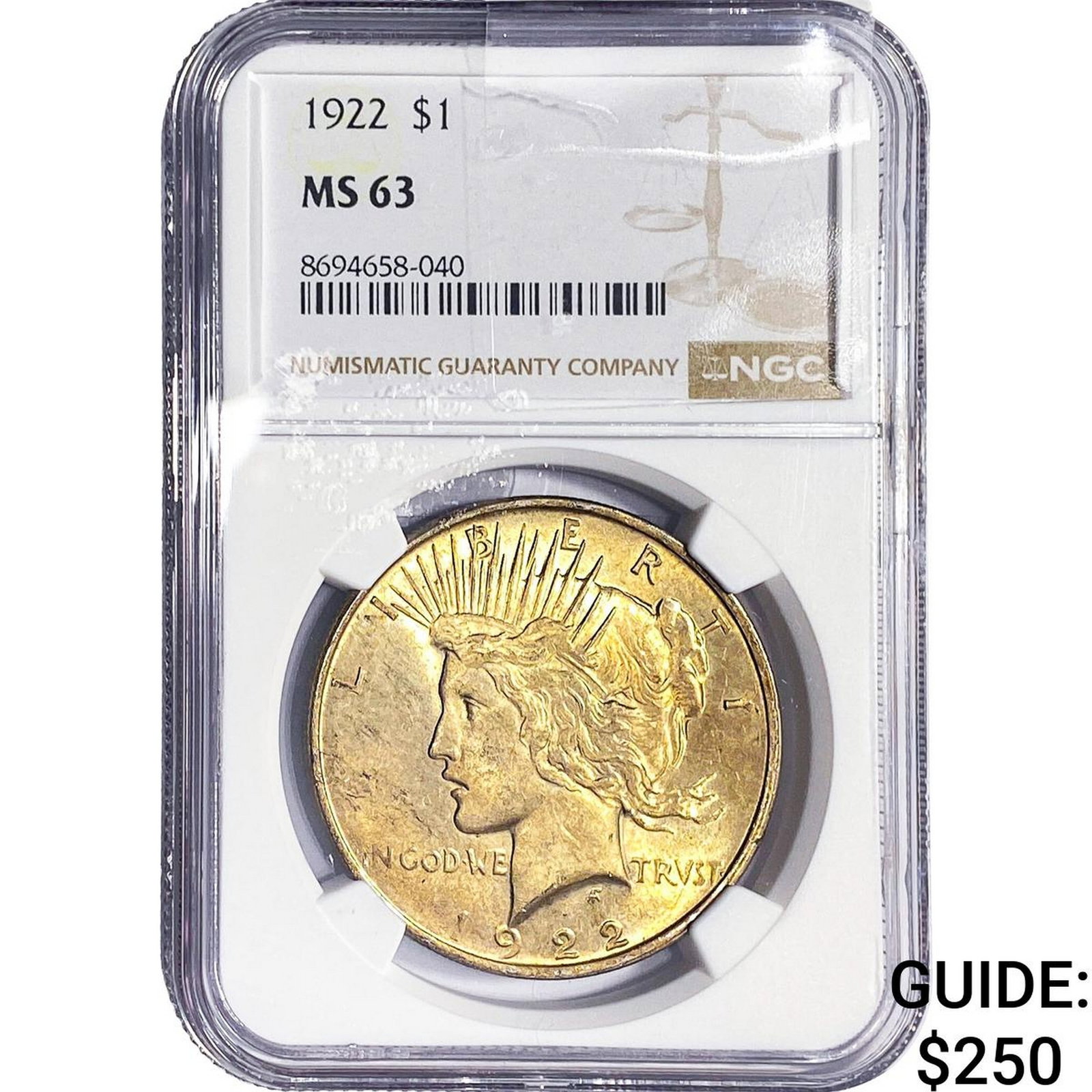 1922 Silver Peace Dollar NGC MS63: 1922 Silver Peace Dollar NGC MS63