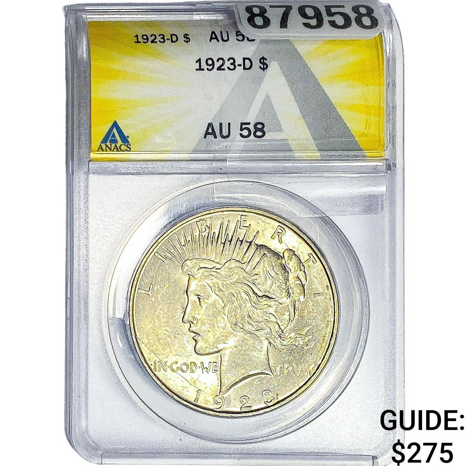 1923-D Silver Peace Dollar ANACS AU58: 1923-D Silver Peace Dollar ANACS AU58