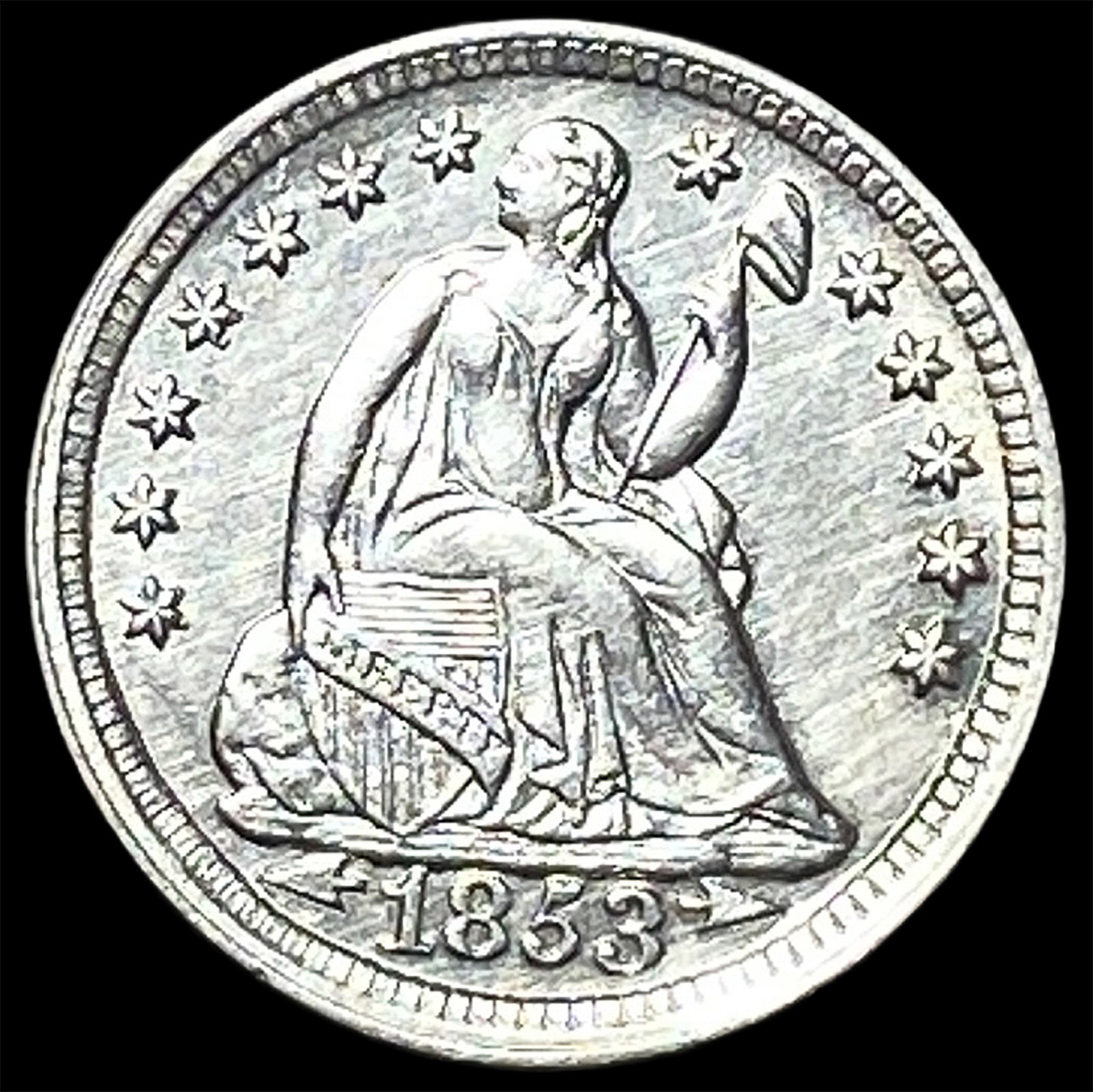 1853 Arrows Seated Liberty Half Dime CLOSELY UNCIRCULATED: 1853 Arrows Seated Liberty Half Dime CLOSELY UNCIRCULATED