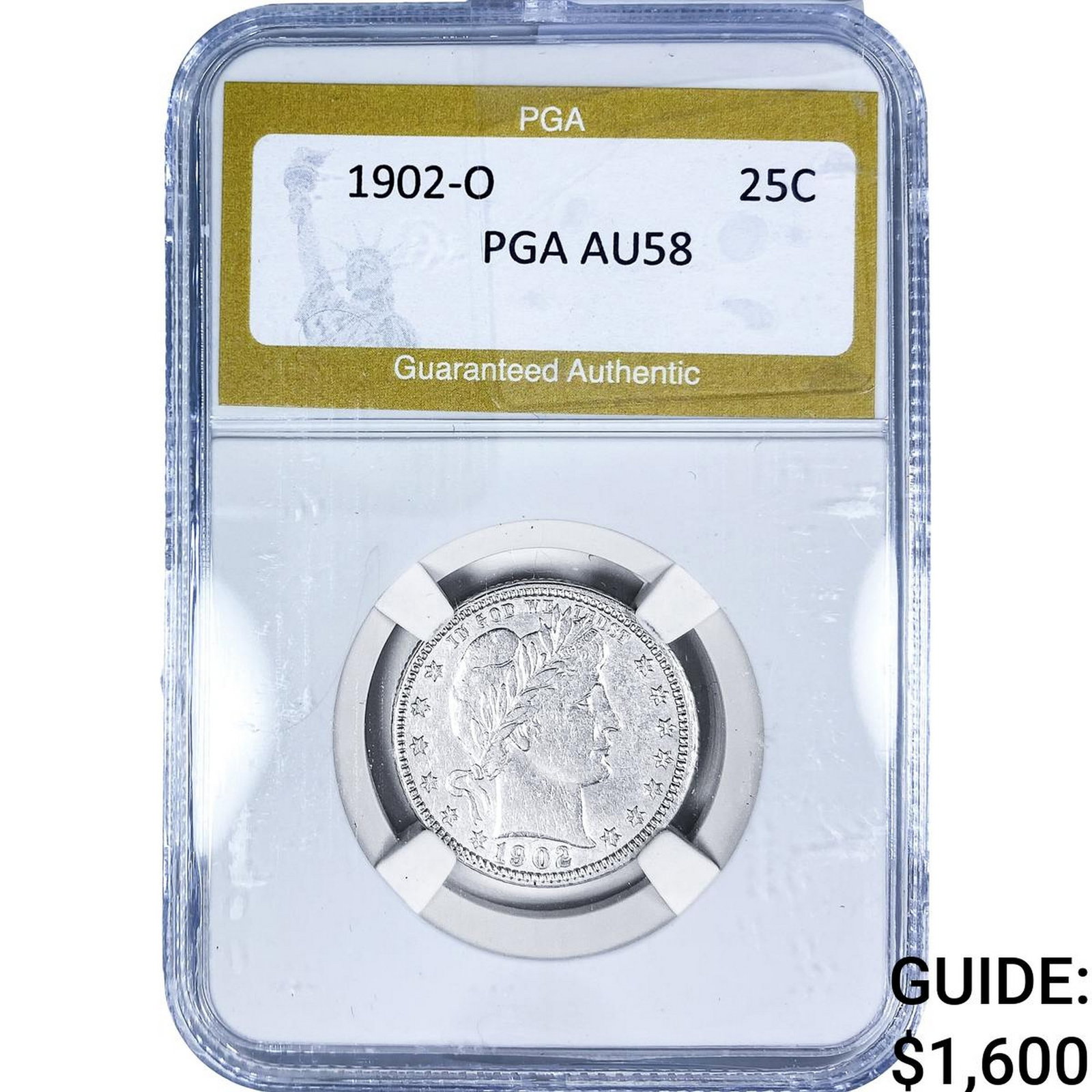 1902-O Barber Quarter PGA AU58: 1902-O Barber Quarter PGA AU58