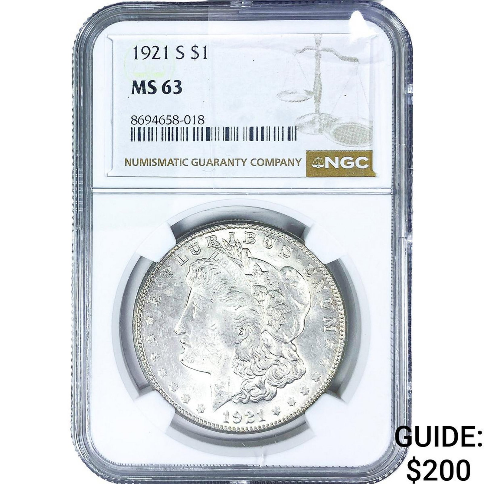 1921-S Morgan Silver Dollar NGC MS63: 1921-S Morgan Silver Dollar NGC MS63