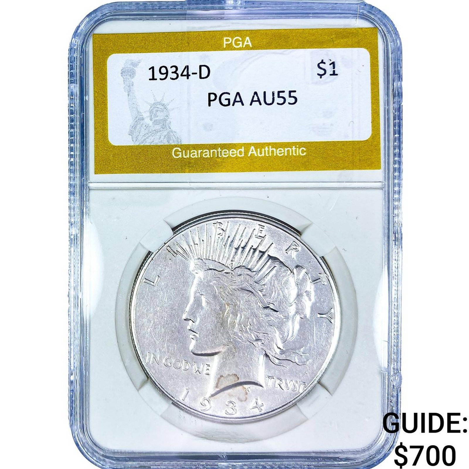 1934-D Silver Peace Dollar PGA AU55: 1934-D Silver Peace Dollar PGA AU55
