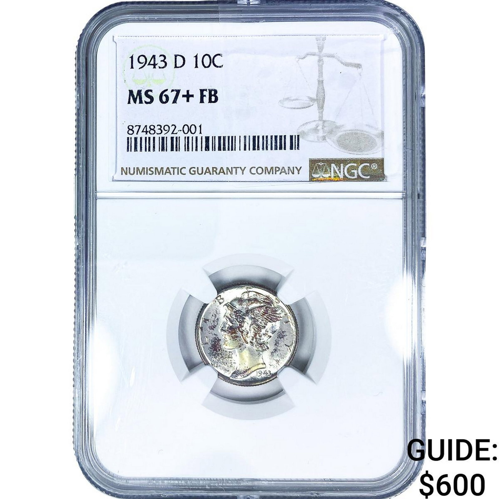 1943-D Mercury Silver Dime NGC MS67+ FB: 1943-D Mercury Silver Dime NGC MS67+ FB