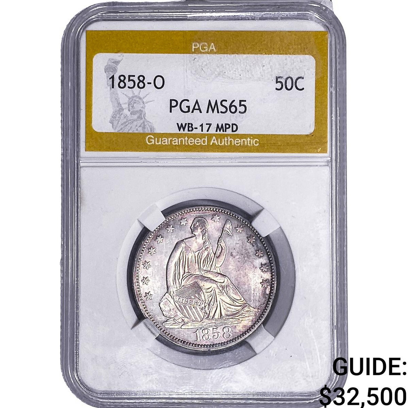 1858-O Seated Liberty Half Dollar PGA MS65: 1858-O Seated Liberty Half Dollar PGA MS65