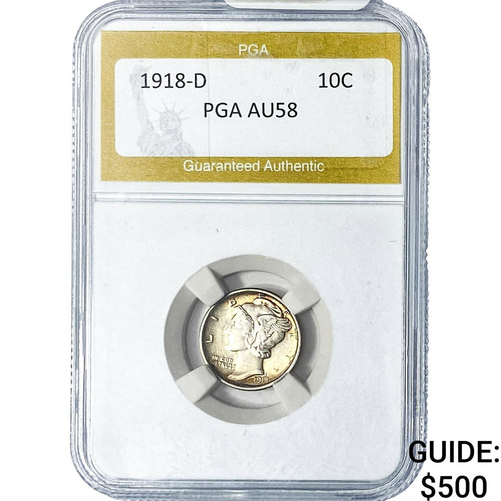 1918-D Mercury Silver Dime PGA AU58: 1918-D Mercury Silver Dime PGA AU58
