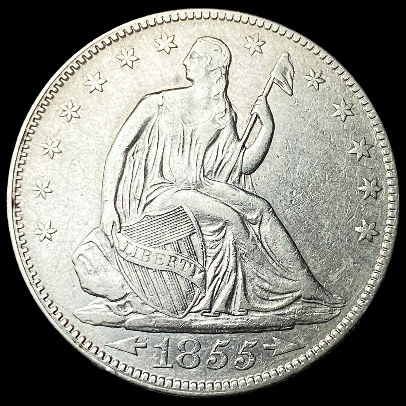 1855 Arrows Seated Liberty Half Dollar CLOSELY UNCIRCULATED: 1855 Arrows Seated Liberty Half Dollar CLOSELY UNCIRCULATED
