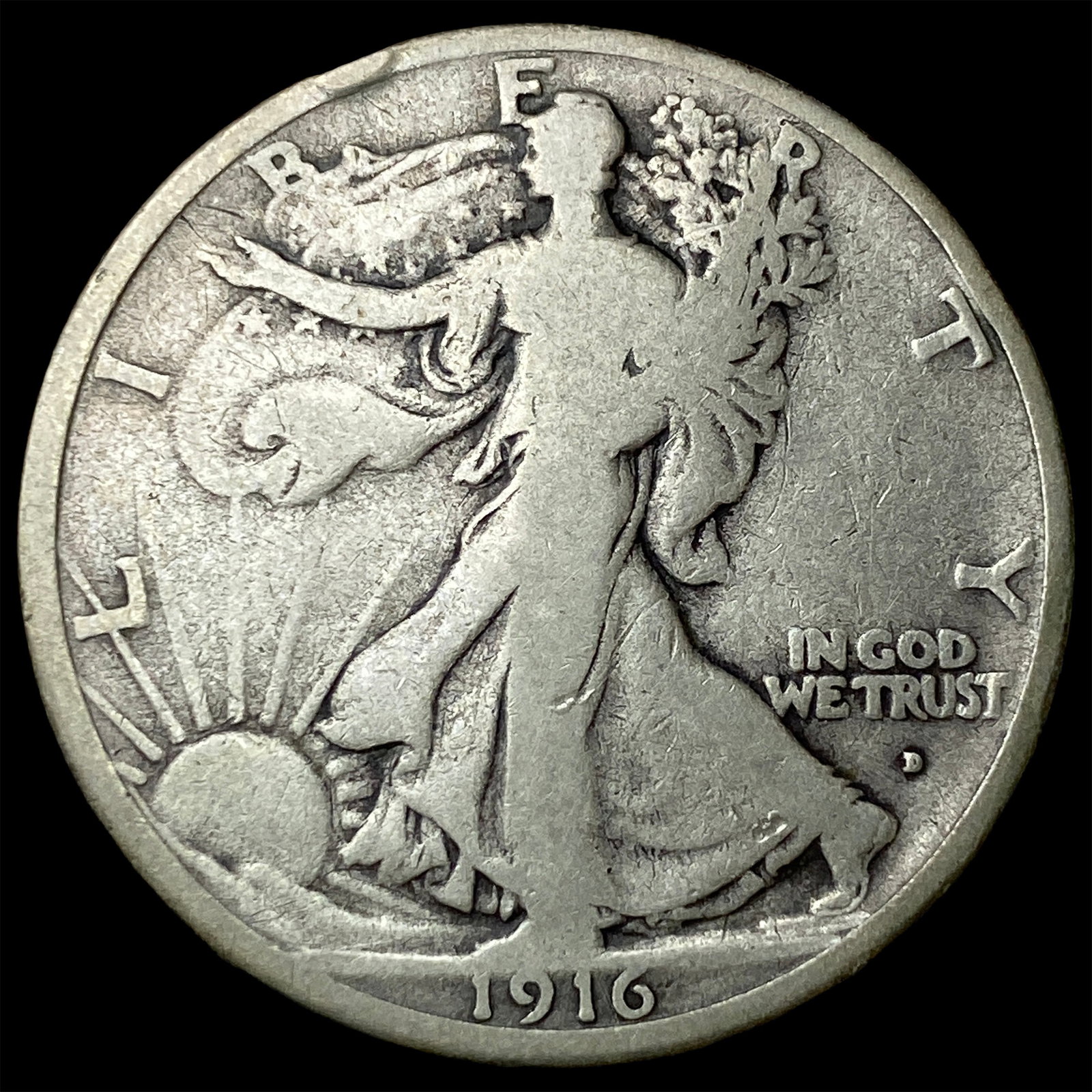 1916-D Silver Walking Liberty Half Dollar LIGHTLY CIRCULATED: 1916-D Silver Walking Liberty Half Dollar LIGHTLY CIRCULATED