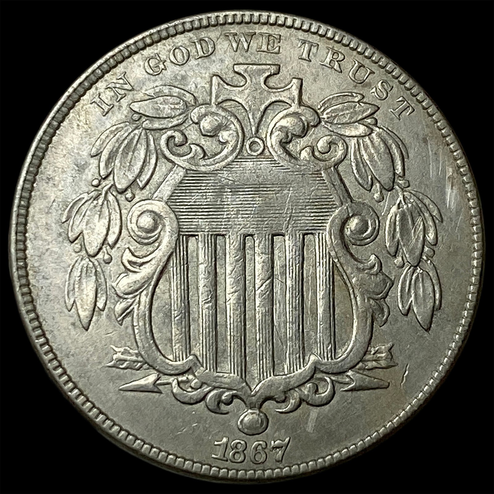 1867 Shield Nickel CLOSELY UNCIRCULATED: 1867 Shield Nickel CLOSELY UNCIRCULATED