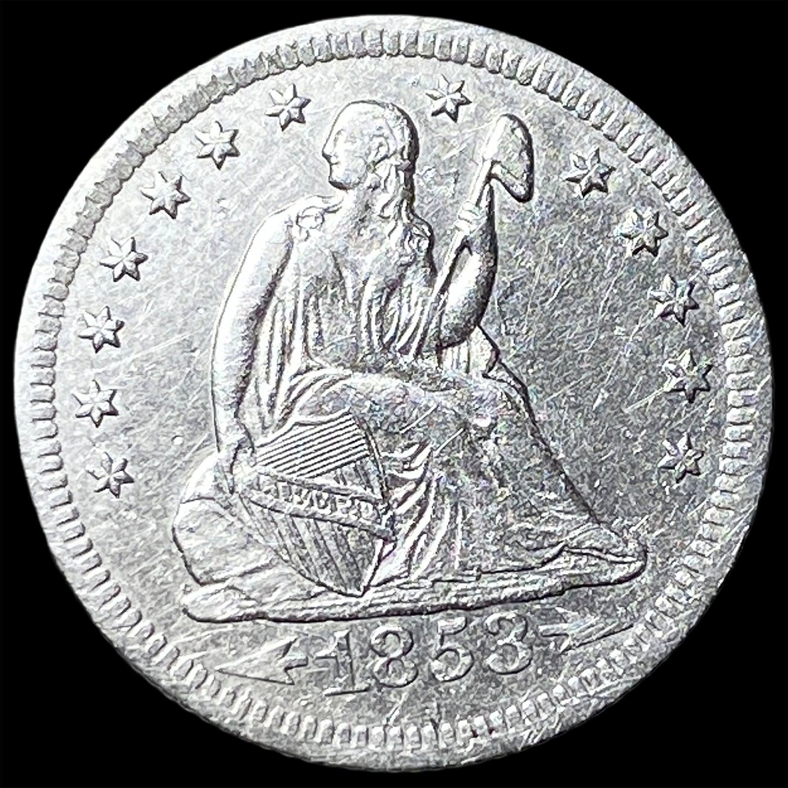 1853-O Arrows/Rays Silver Seated Liberty Quarter CLOSELY UNCIRCULATED: 1853-O Arrows/Rays Silver Seated Liberty Quarter CLOSELY UNCIRCULATED