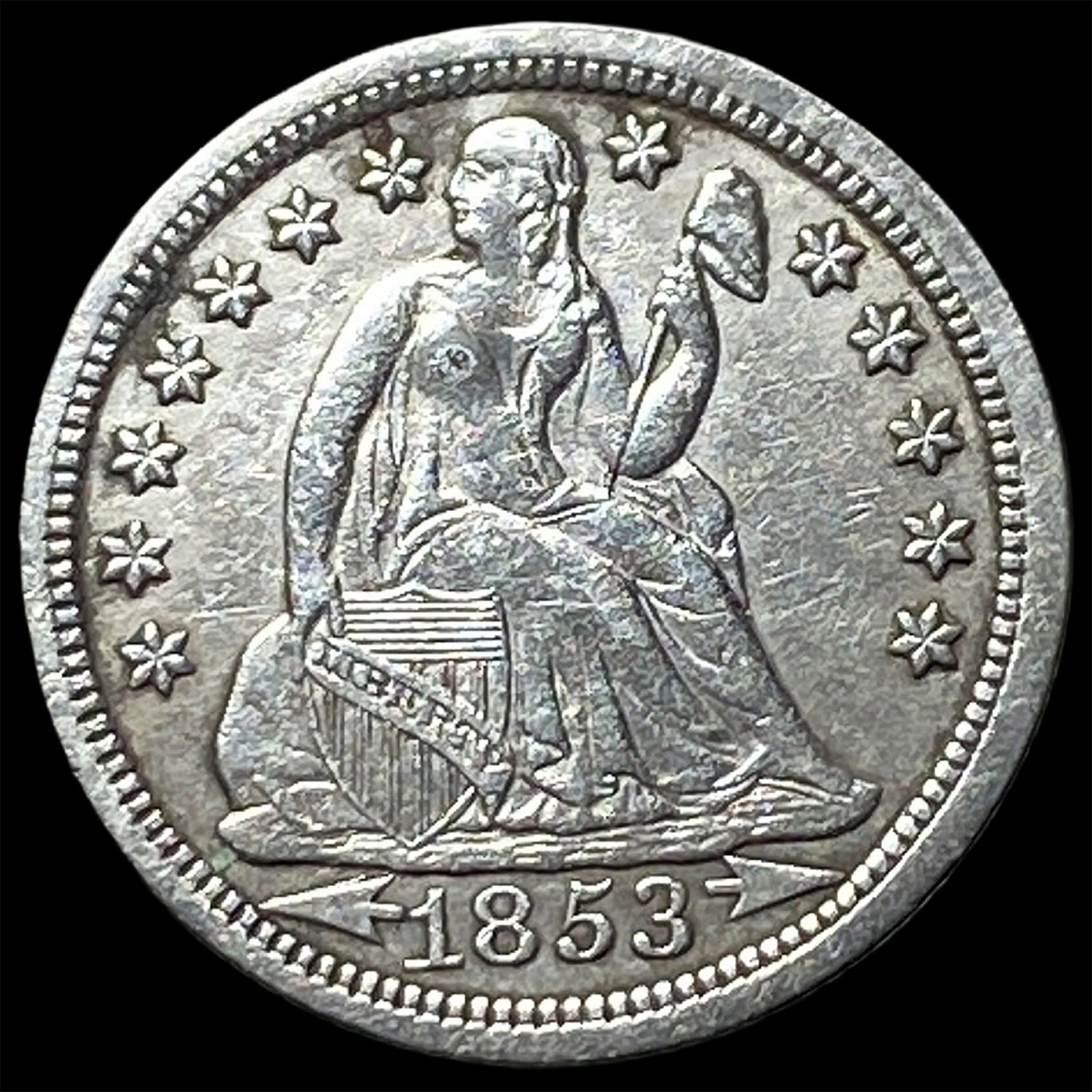 1853 Arrows Seated Liberty Dime CLOSELY UNCIRCULATED: 1853 Arrows Seated Liberty Dime CLOSELY UNCIRCULATED