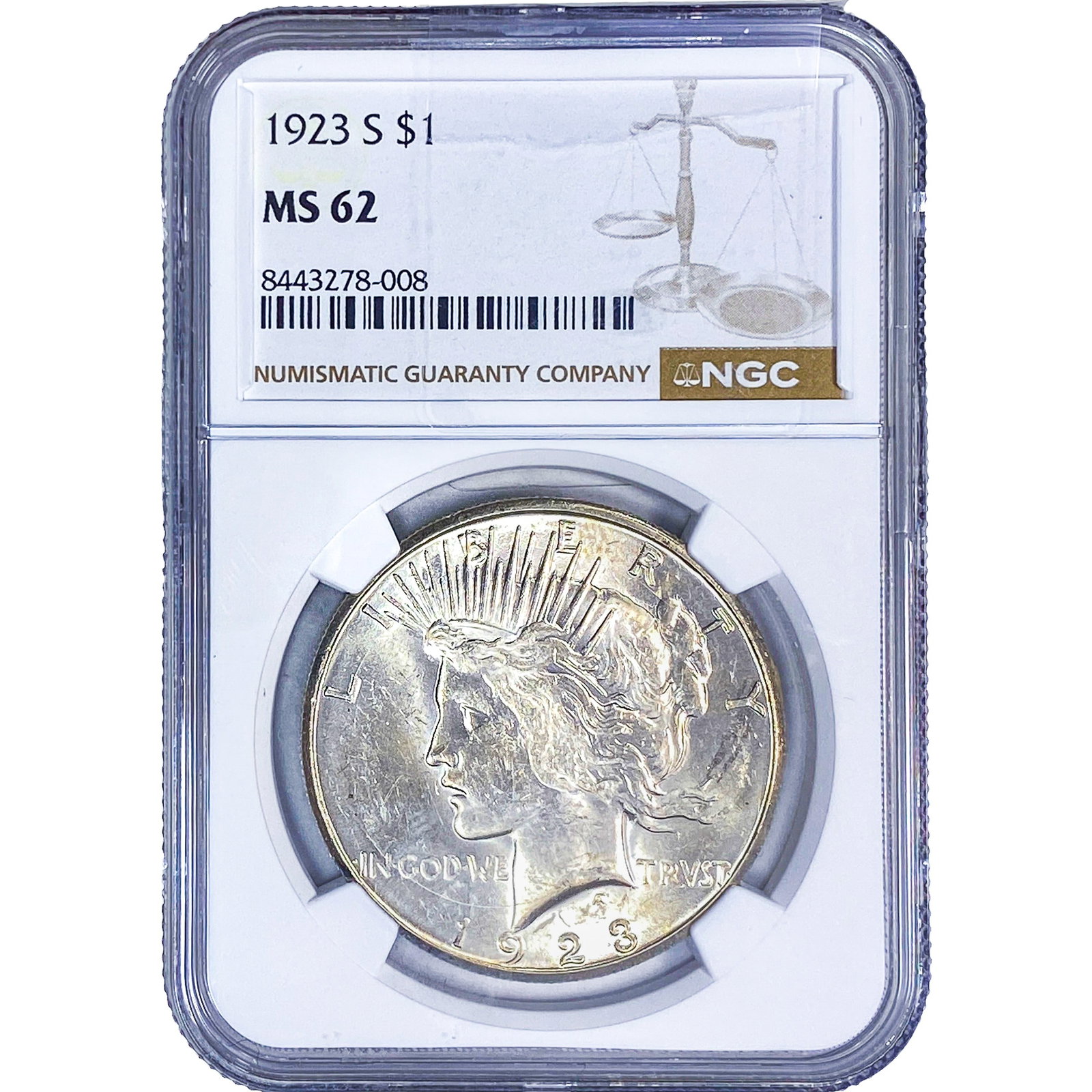 1923-S Silver Peace Dollar NGC MS62: 1923-S Silver Peace Dollar NGC MS62