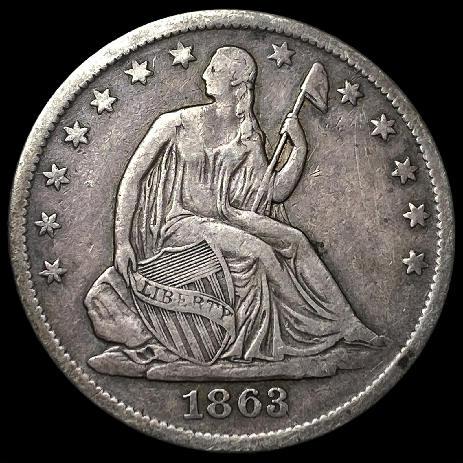 1863-S Silver Seated Liberty Half Dollar ABOUT UNCIRCULATED: 1863-S Silver Seated Liberty Half Dollar ABOUT UNCIRCULATED