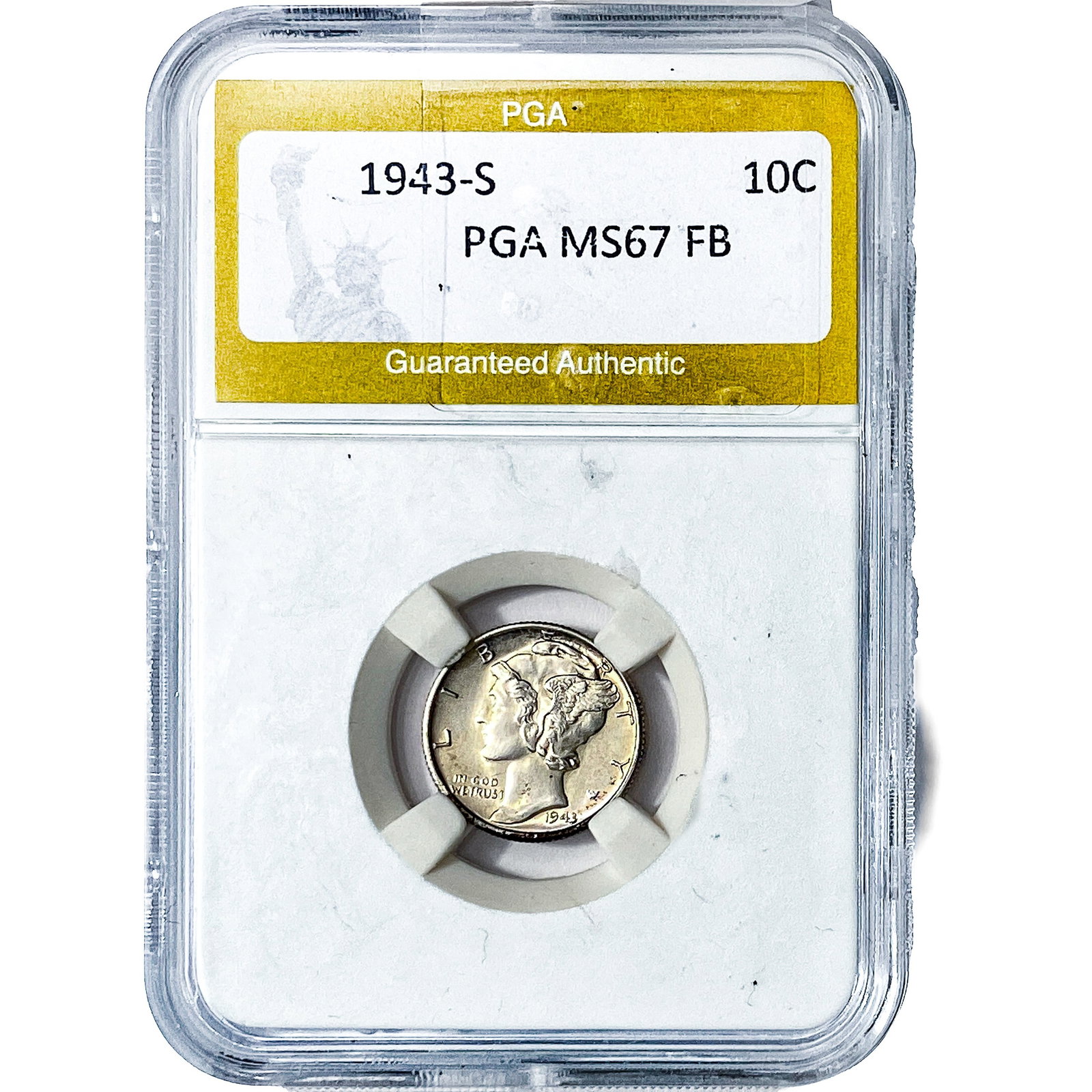 1943-S Mercury Silver Dime PGA MS67 FB: 1943-S Mercury Silver Dime PGA MS67 FB