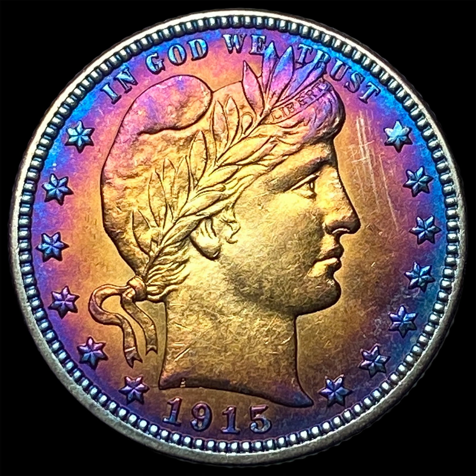 1915-D Toned Barber Quarter CLOSELY UNCIRCULATED: 1915-D Toned Barber Quarter CLOSELY UNCIRCULATED