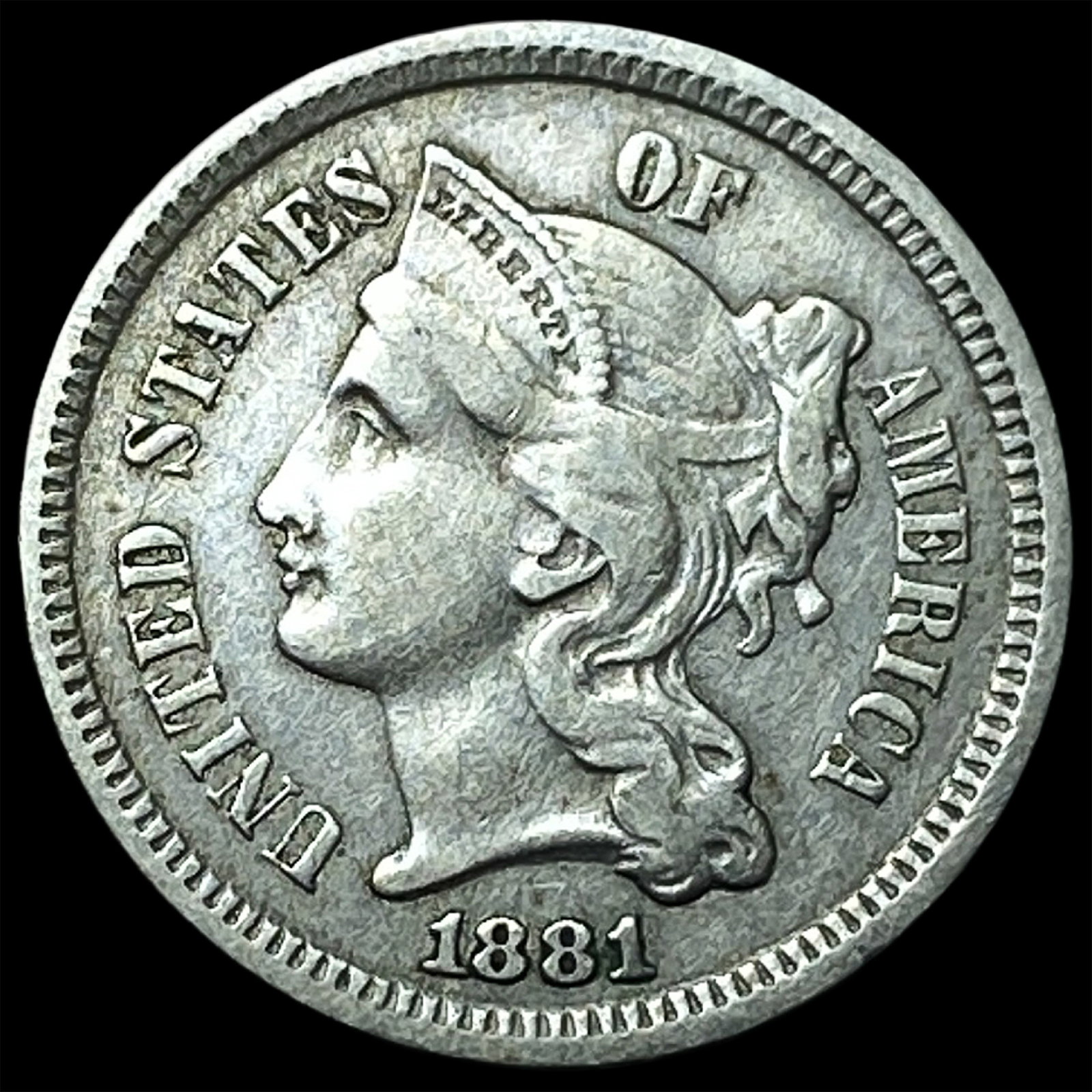 1881 Nickel Three-Cent Piece NEARLY UNCIRCULATED: 1881 Nickel Three-Cent Piece NEARLY UNCIRCULATED