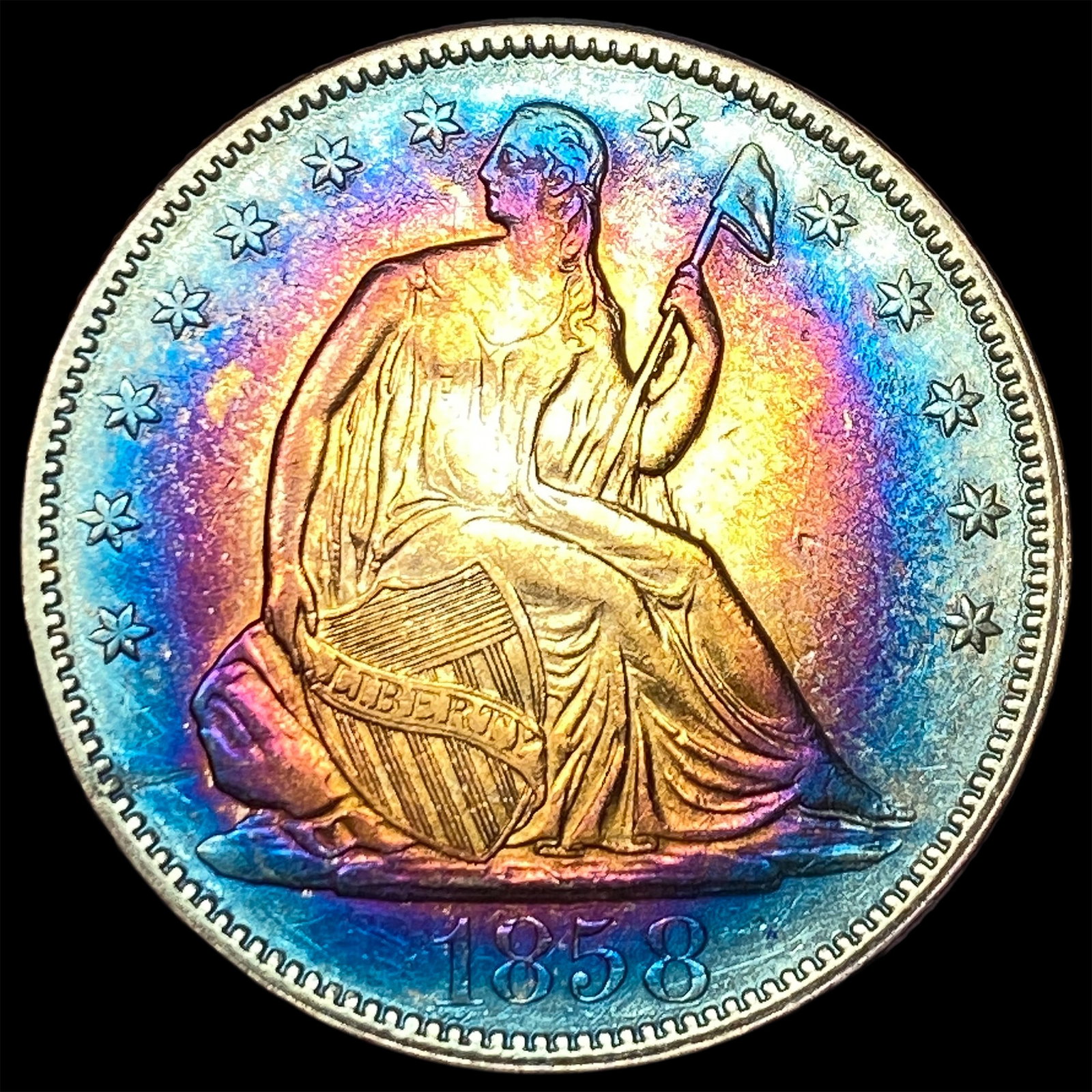 1858 Toned Silver Seated Liberty Half Dollar NEARLY UNCIRCULATED: 1858 Toned Silver Seated Liberty Half Dollar NEARLY UNCIRCULATED