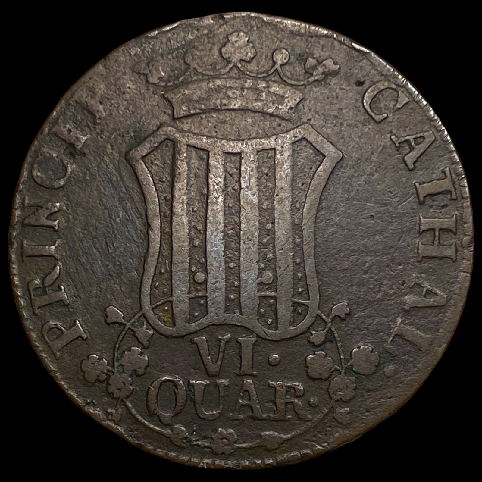 1813 Spain Catalonia Copper 6 Quartos KM 116: 1813 Spain Catalonia Copper 6 Quartos KM 116