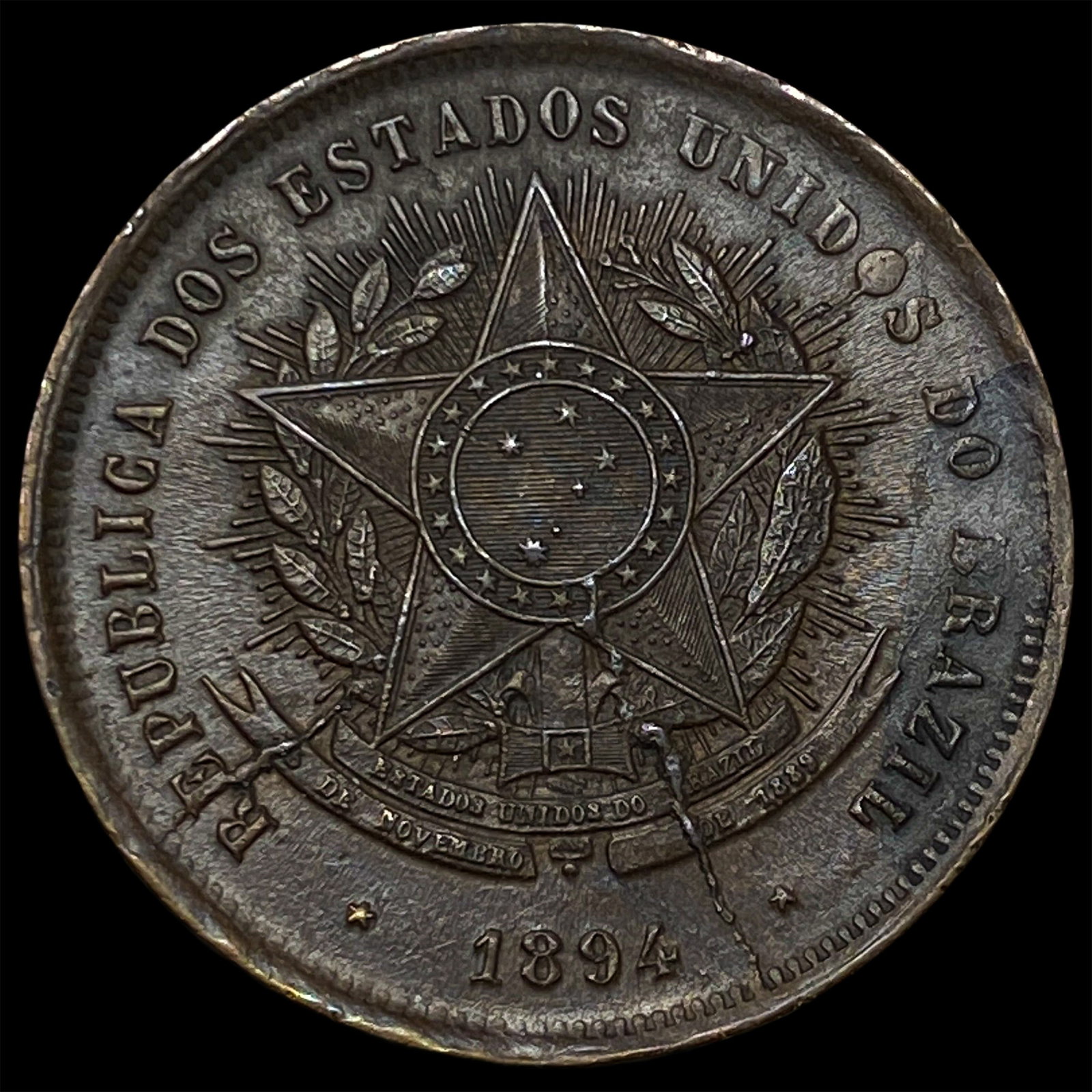 1894 Brazil Bronze 20 Reis: 1894 Brazil Bronze 20 Reis